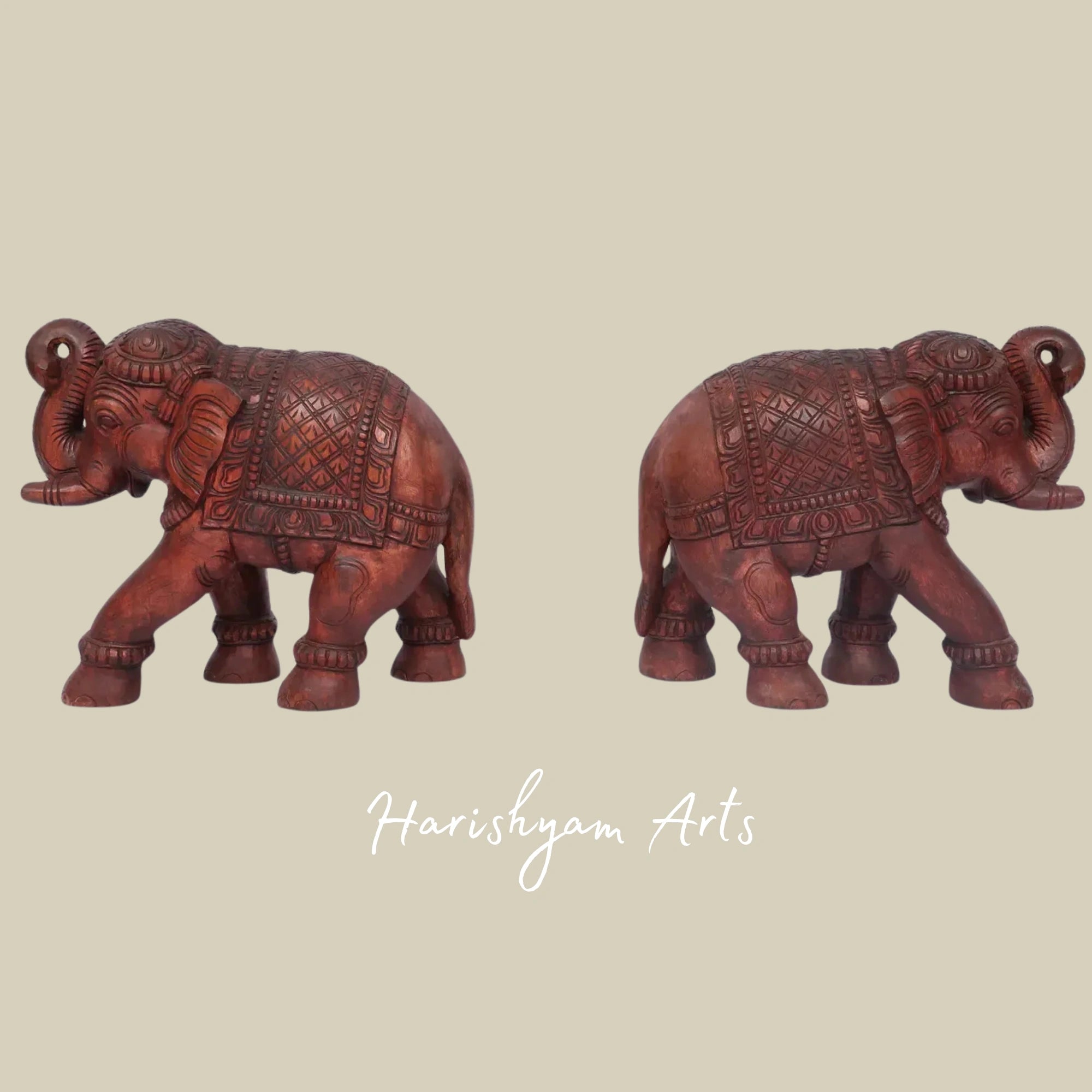 18" Royal Wooden Elephant Set – Artisan Handmade Figurines for Shelf and Table Decor