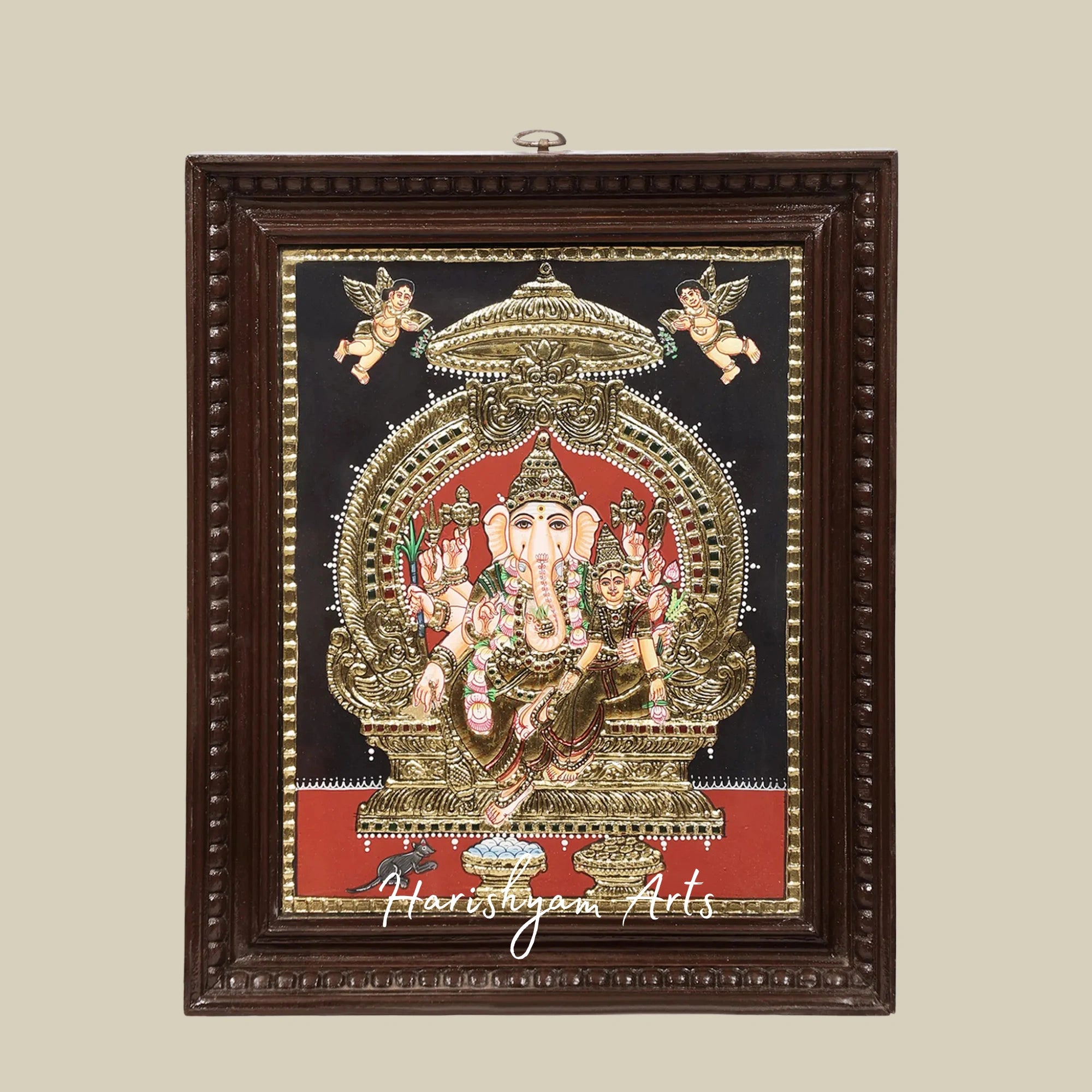 18" Shakti Ganesha Tanjore Painting with Intricate 24K Gold Highlight