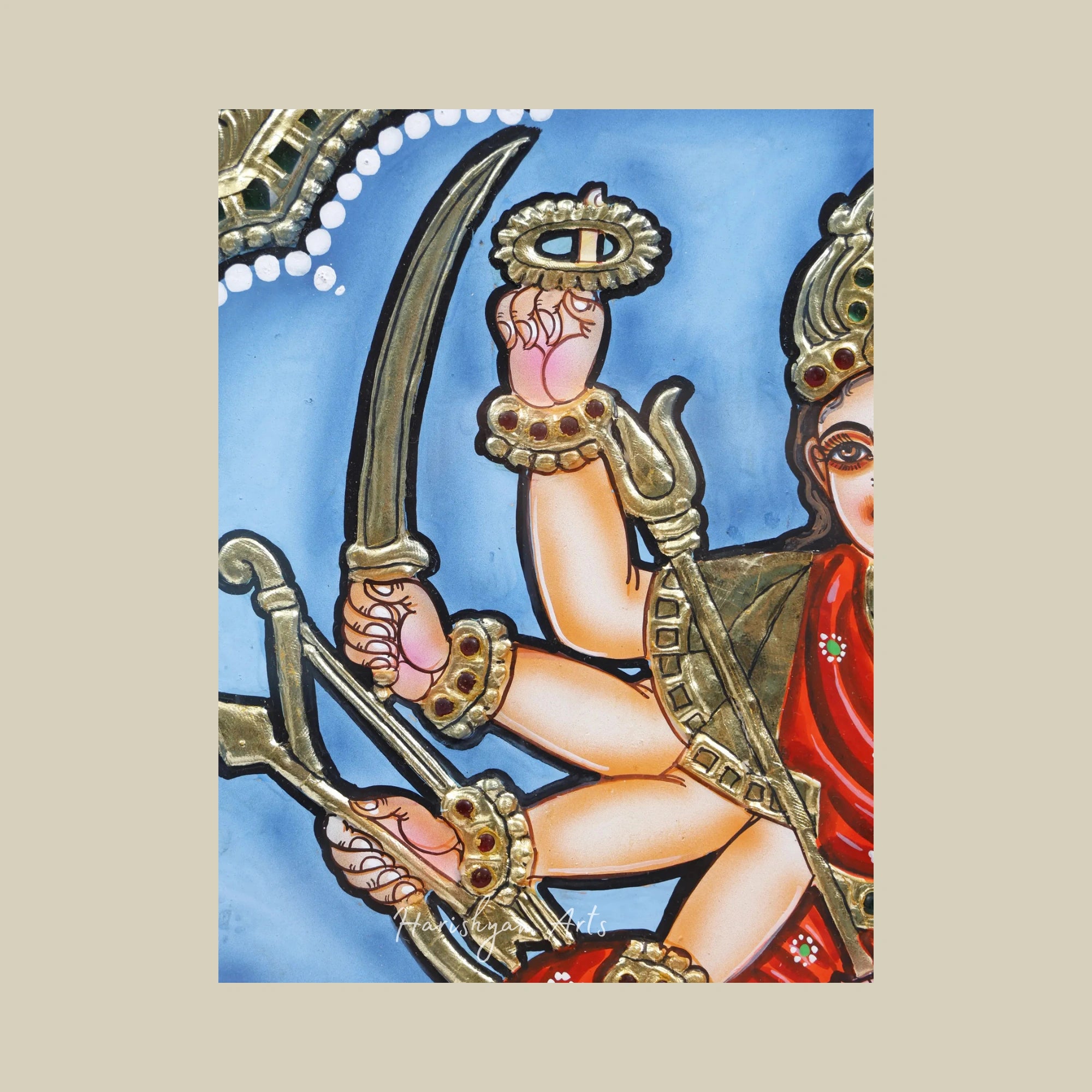18" Sherawali Maa Tanjore Painting with Handcrafted 24K Gold and Teakwood Frame