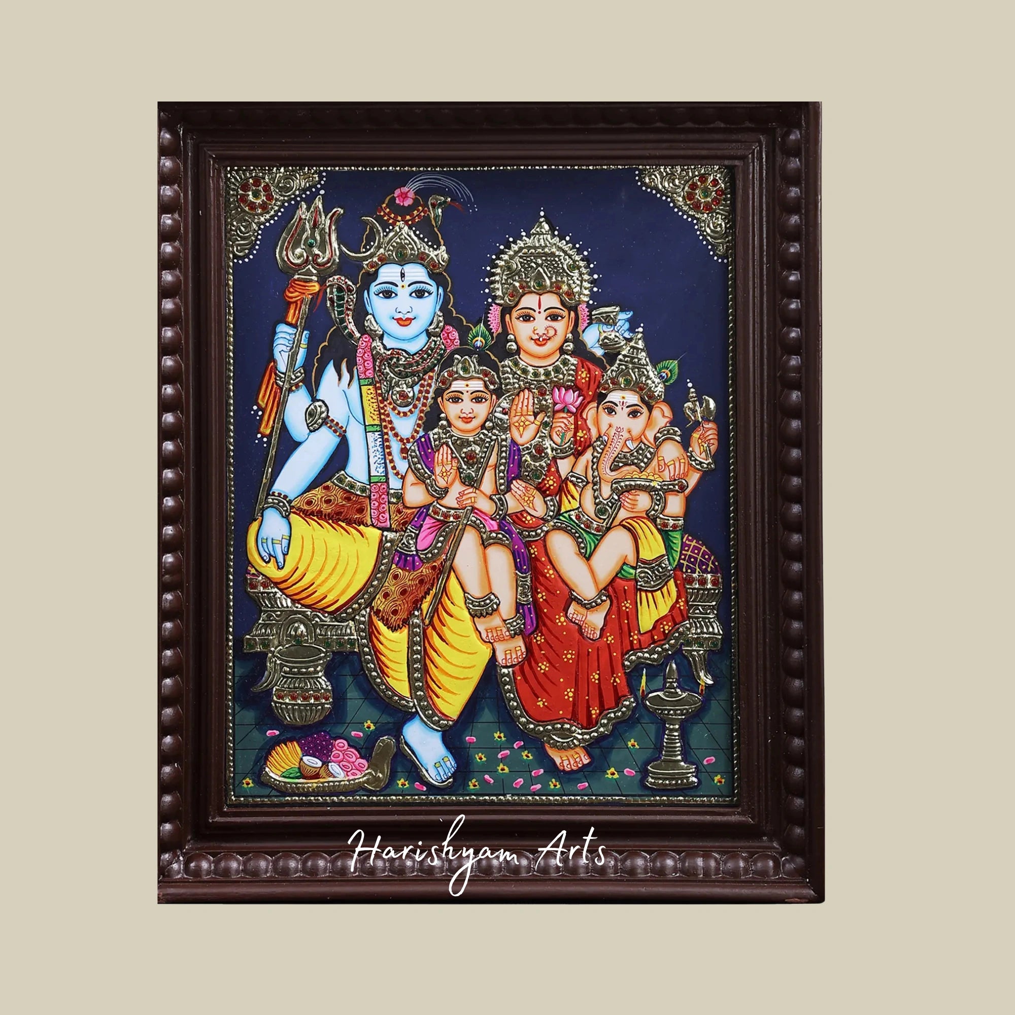 18" Lord Shiva Family Tanjore Painting with 24K Gold and Teakwood Frame