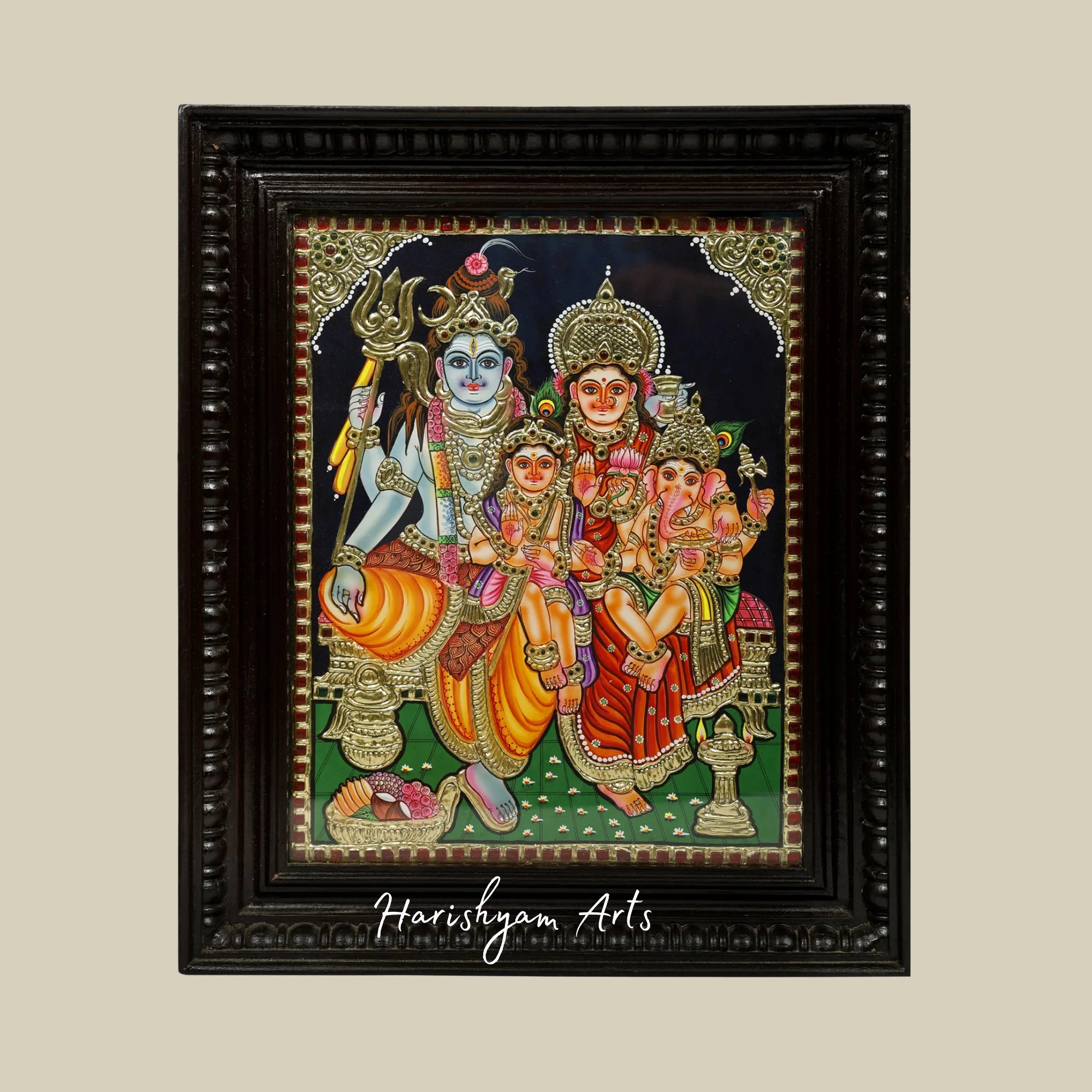 18" Lord Shiva Family Tanjore Painting with 24K Gold and Teakwood Frame