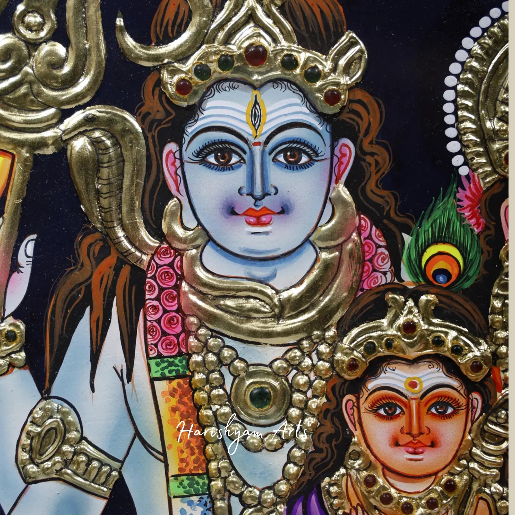 18" Lord Shiva Family Tanjore Painting with 24K Gold and Teakwood Frame