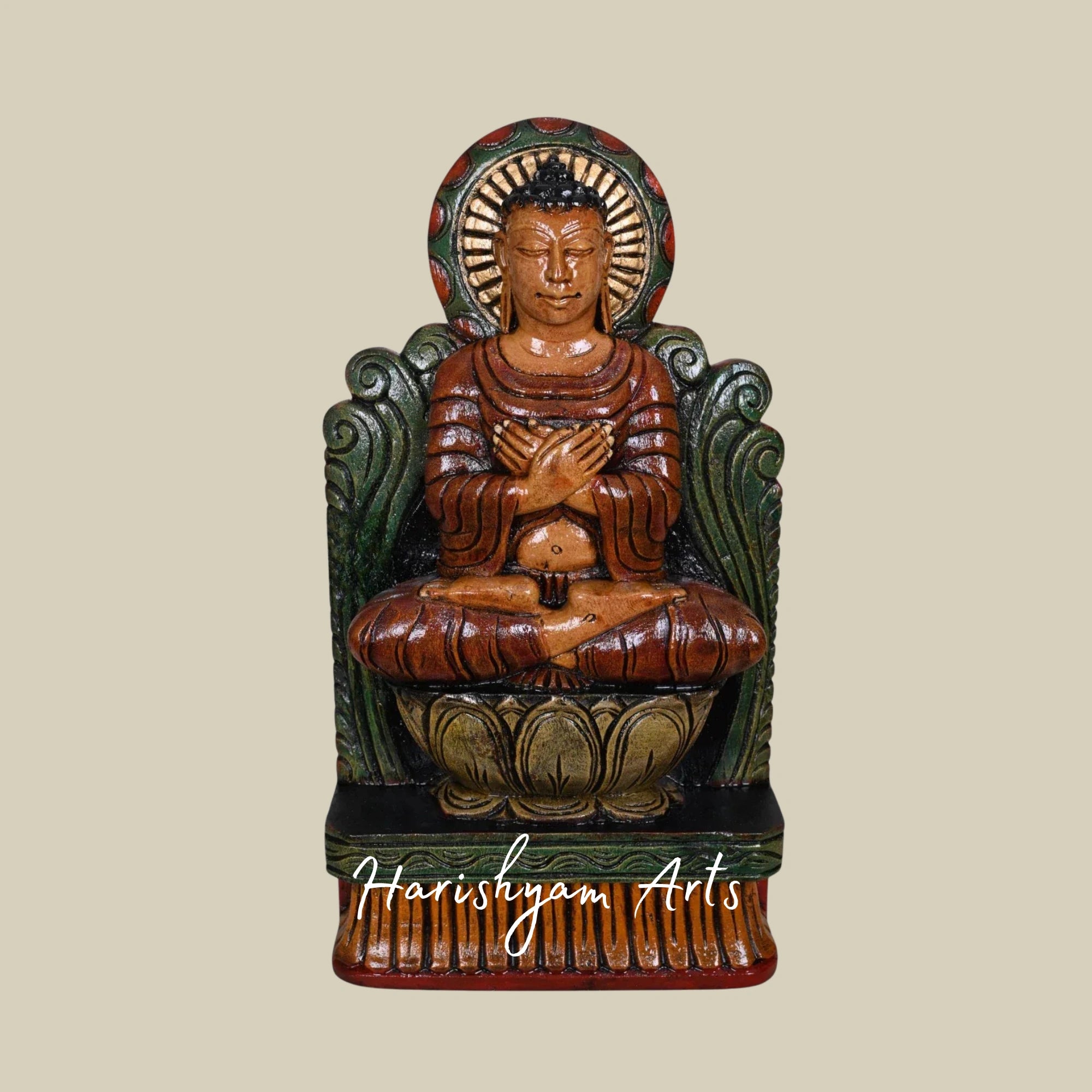 18" Wooden Buddha in Teaching Mudra with Detailed Bodhi Tree Carving