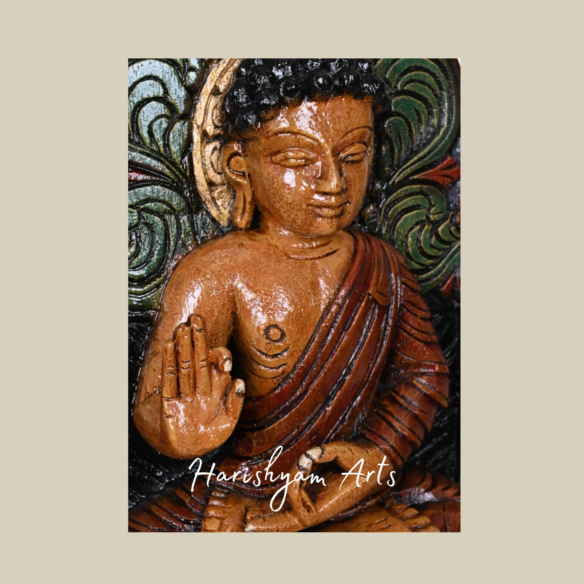 18" Wooden Buddha in Teaching Mudra with Detailed Bodhi Tree Carving