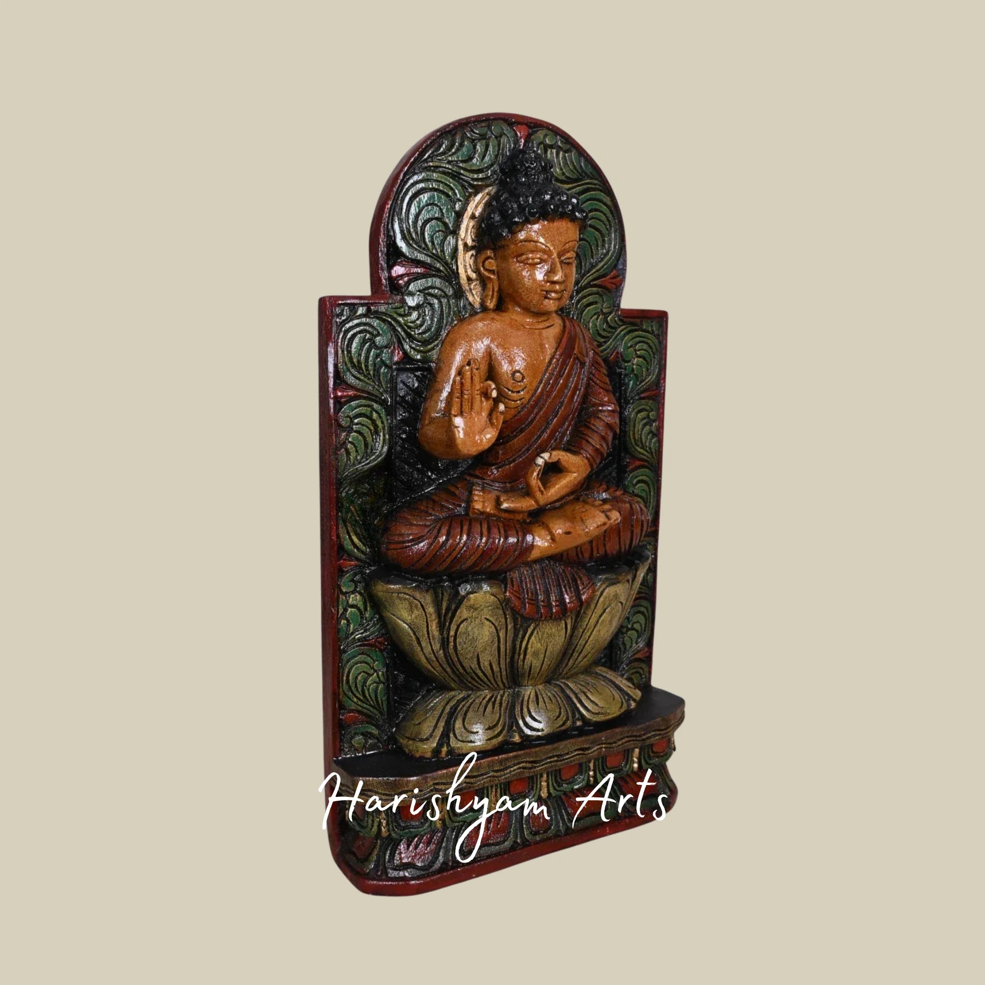 18" Wooden Buddha in Teaching Mudra with Detailed Bodhi Tree Carving