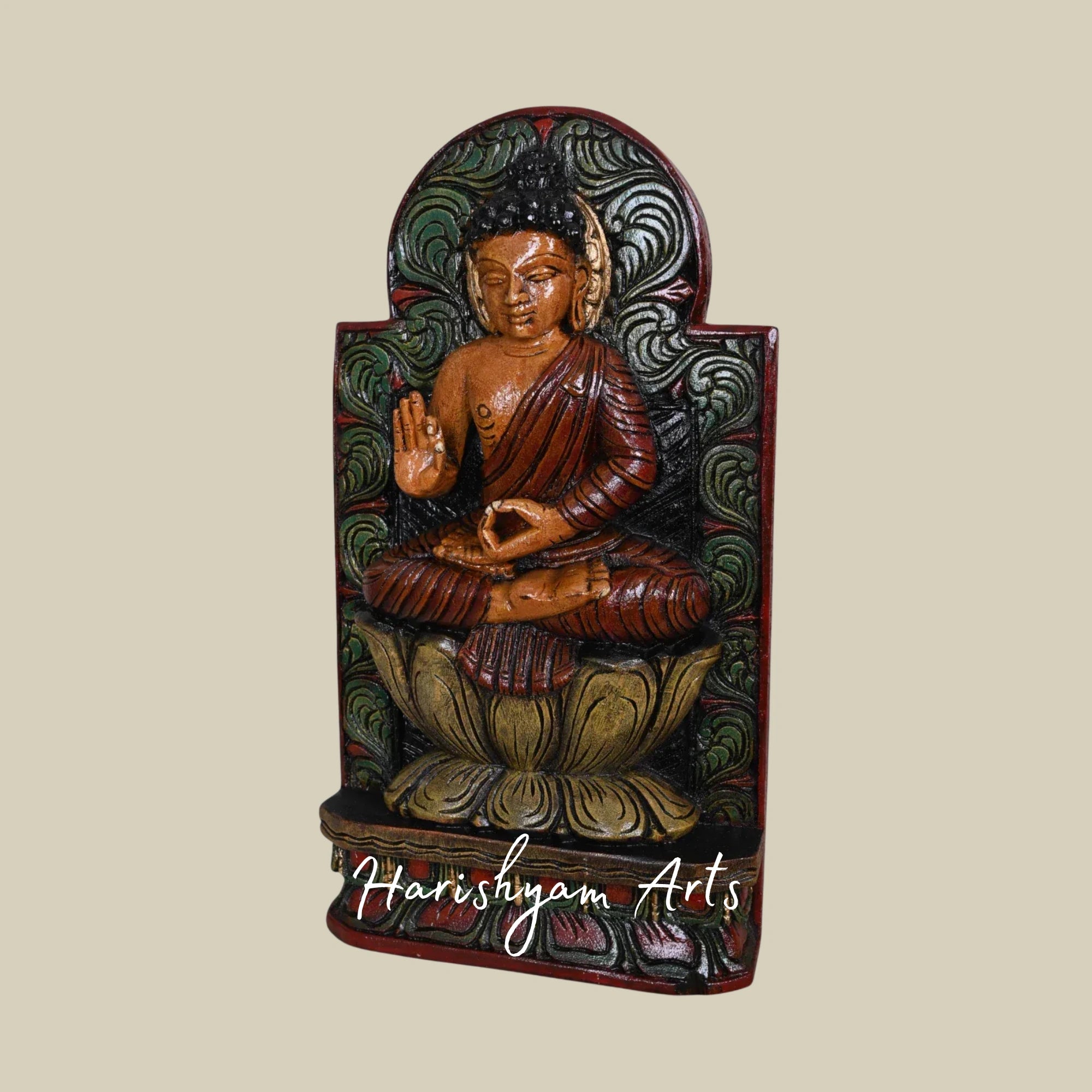 18" Wooden Buddha in Teaching Mudra with Detailed Bodhi Tree Carving