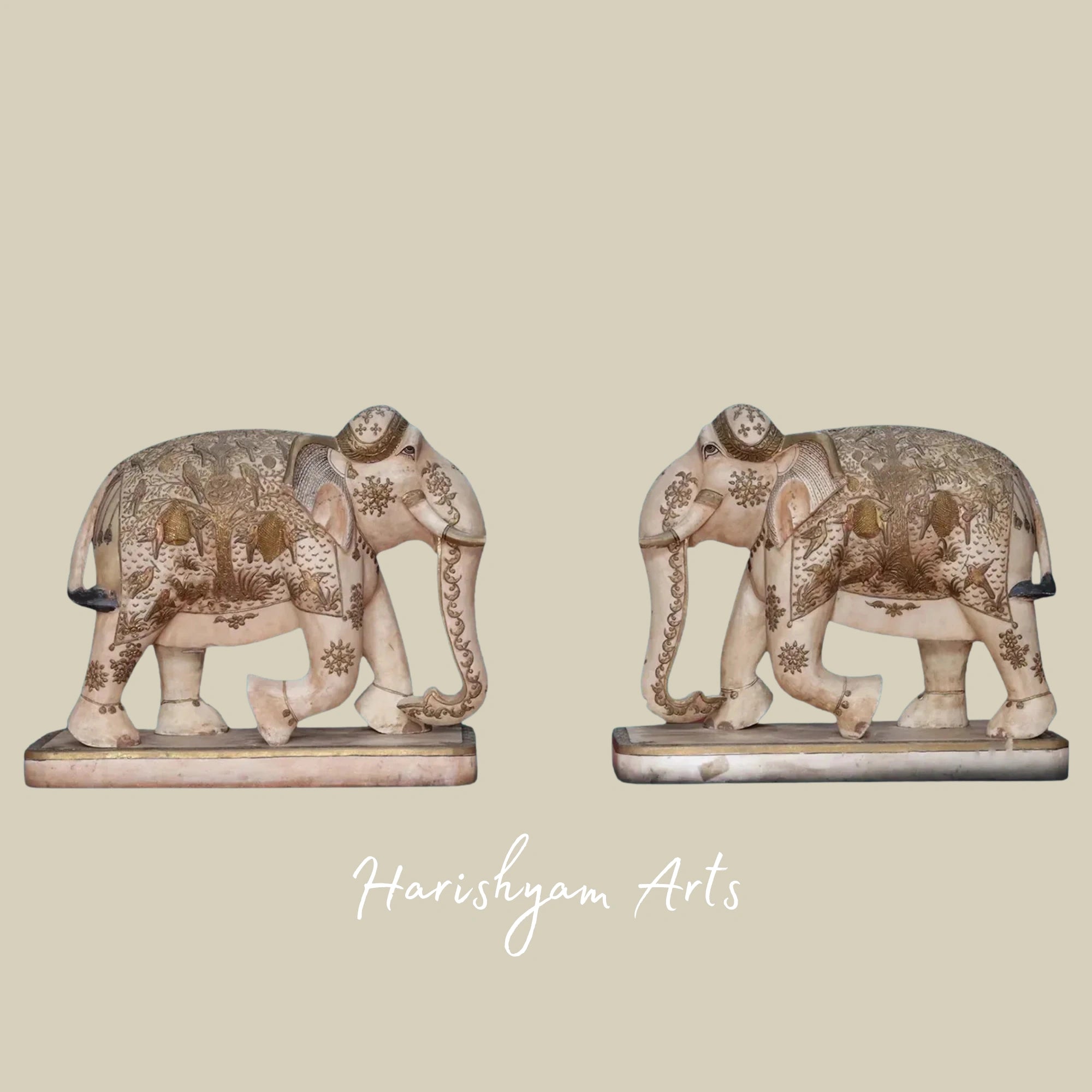 19" Graceful Pair of White Makrana Marble Elephants Handcrafted Sculptures