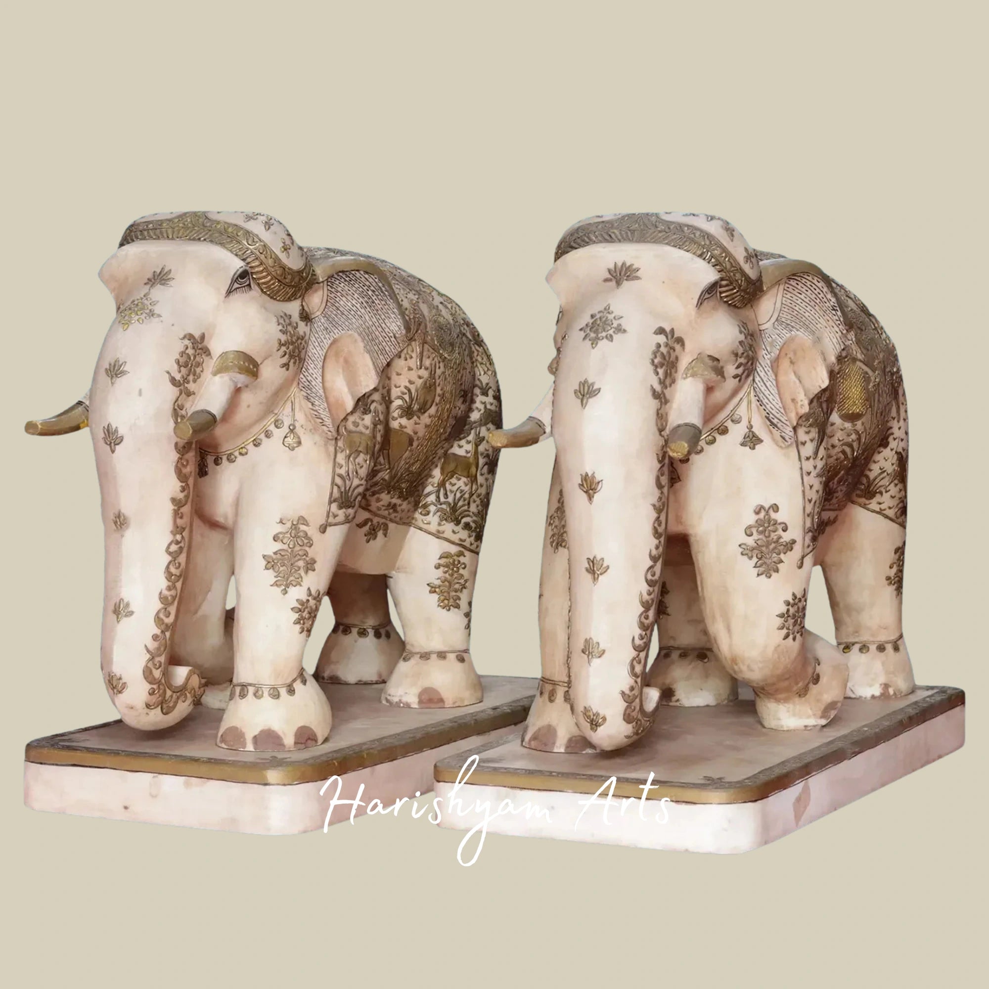 19" Graceful Pair of White Makrana Marble Elephants Handcrafted Sculptures