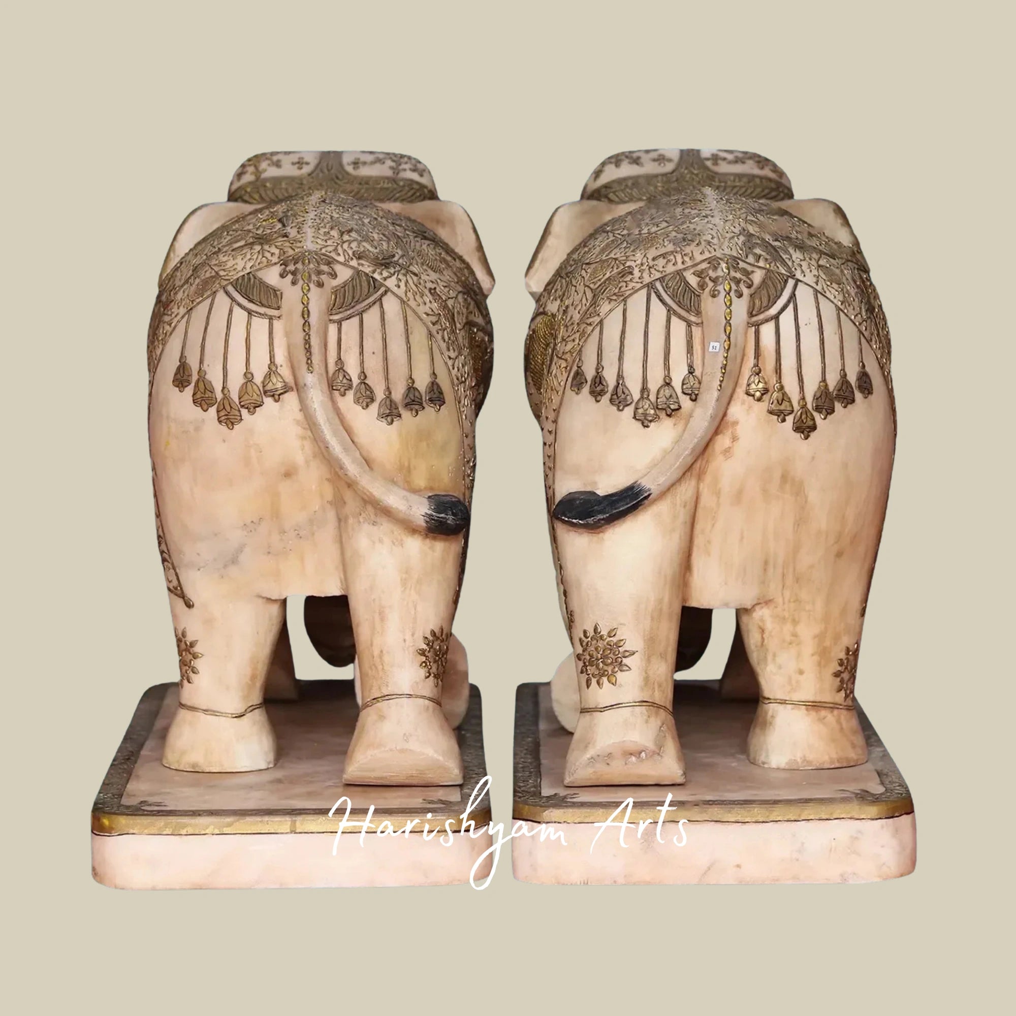 19" Graceful Pair of White Makrana Marble Elephants Handcrafted Sculptures