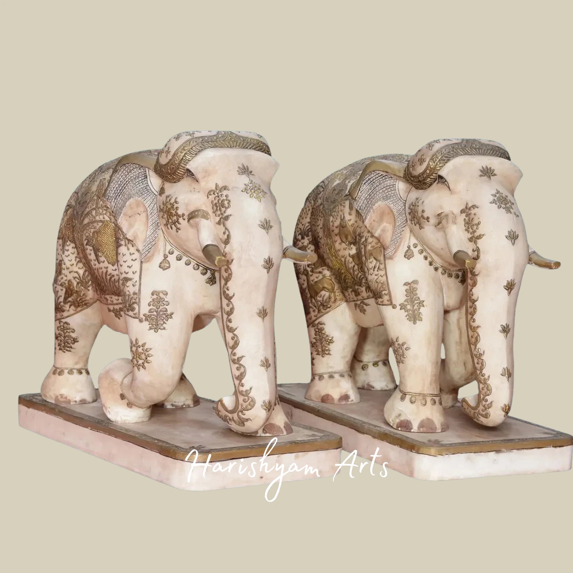19" Graceful Pair of White Makrana Marble Elephants Handcrafted Sculptures