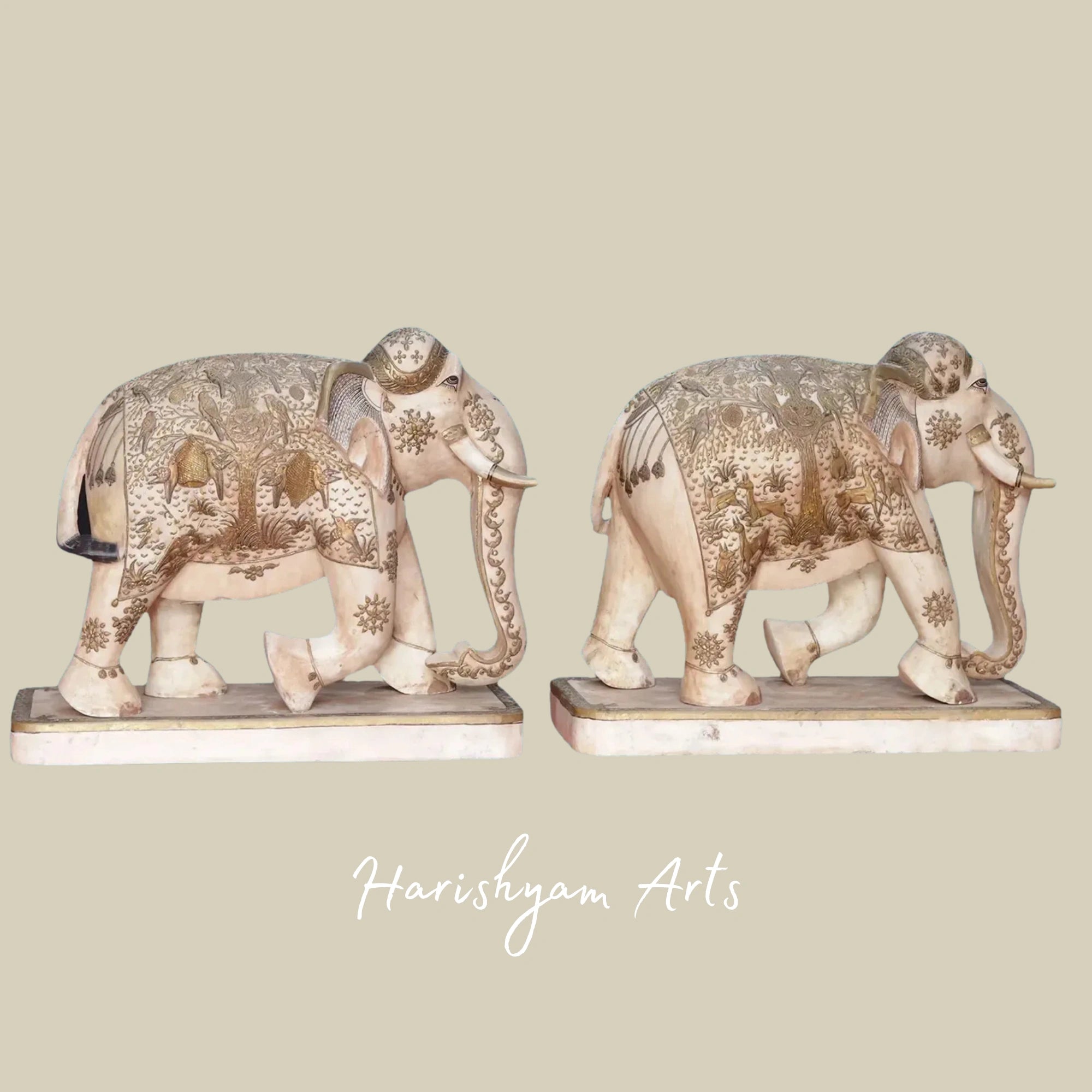 19" Graceful Pair of White Makrana Marble Elephants Handcrafted Sculptures