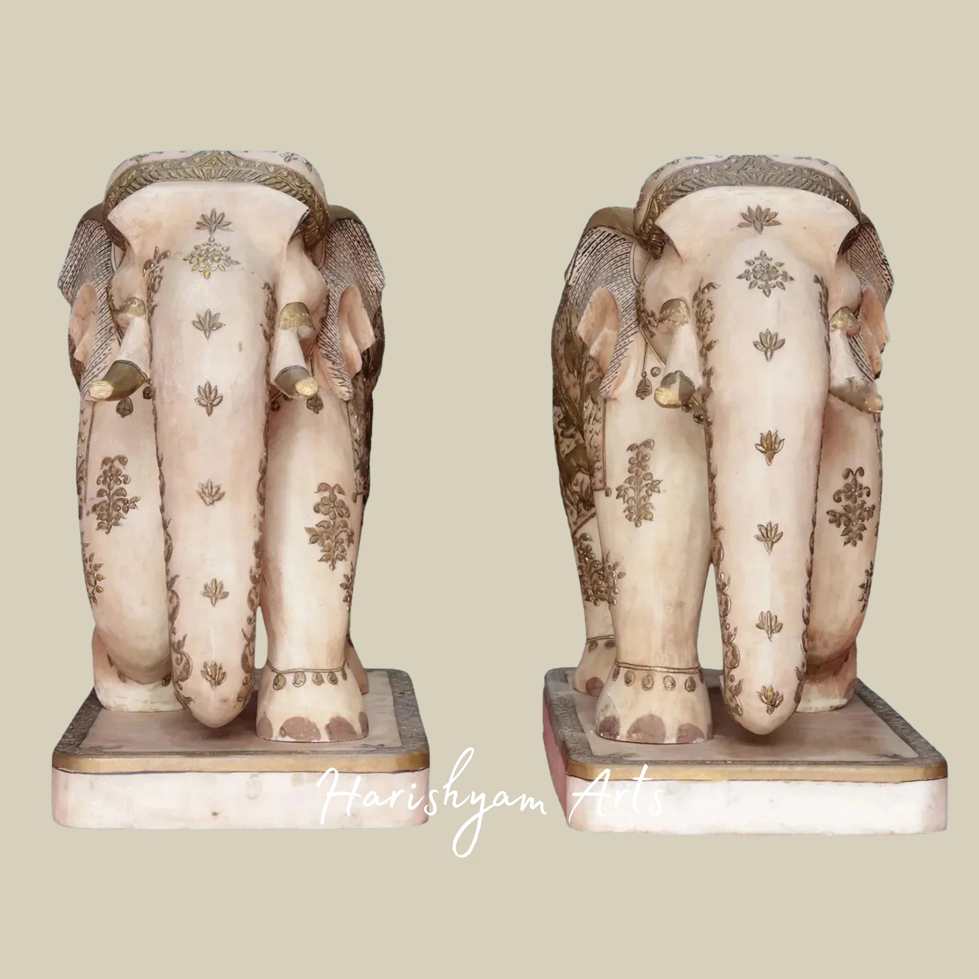 19" Graceful Pair of White Makrana Marble Elephants Handcrafted Sculptures