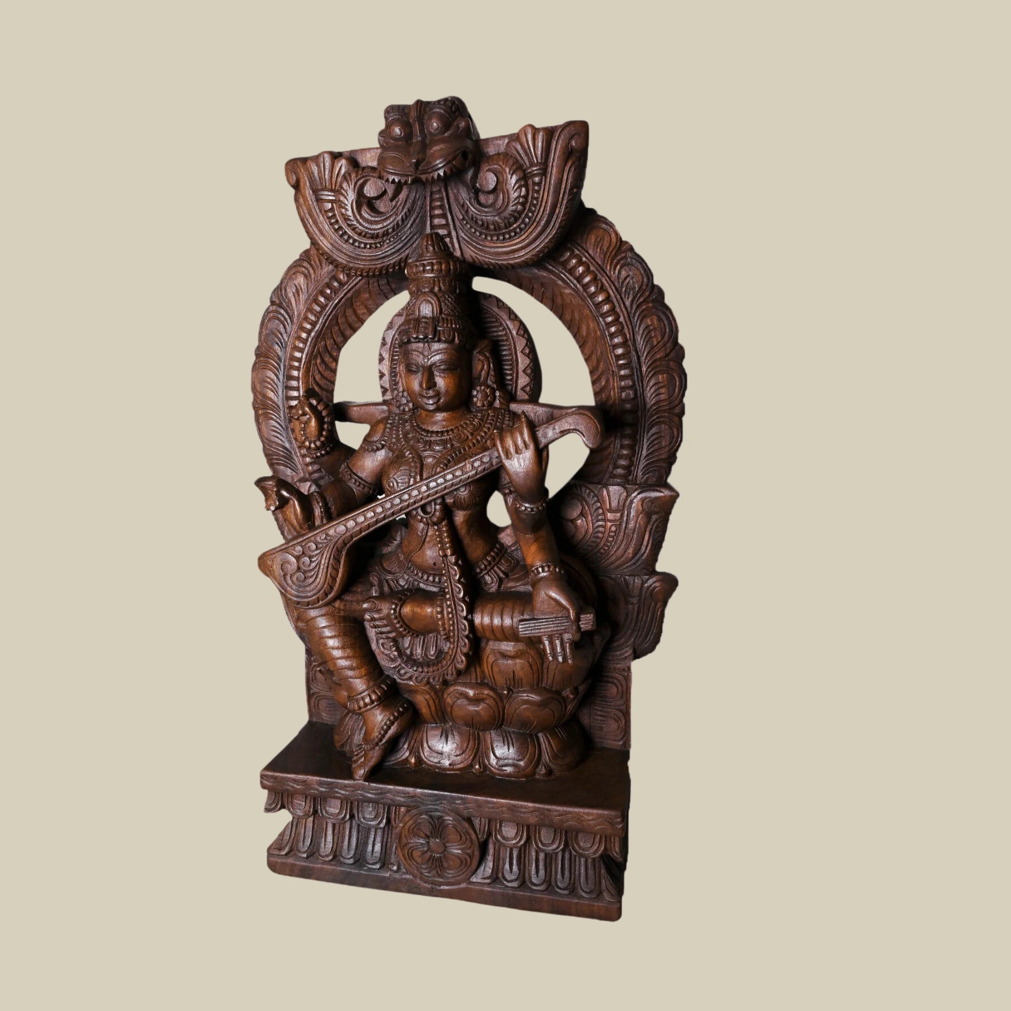 19" Handcrafted Wooden Frame of Goddess Saraswati Seated on Lotus Playing Veena1