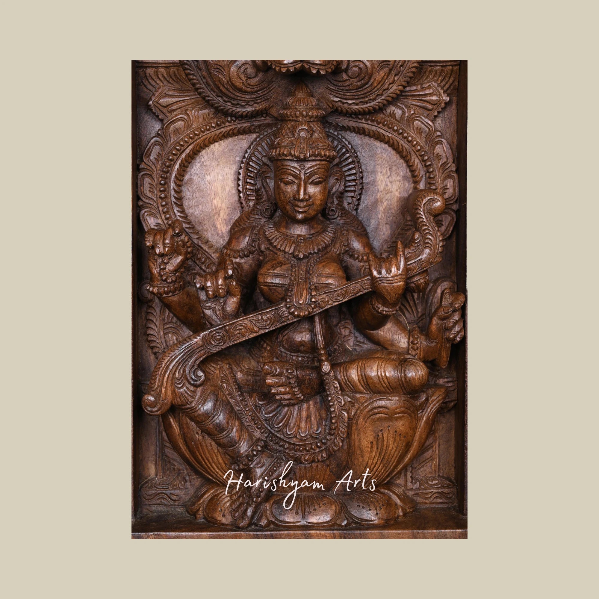 19" Handcrafted Wooden Frame of Goddess Saraswati Seated on Lotus Playing Veena1