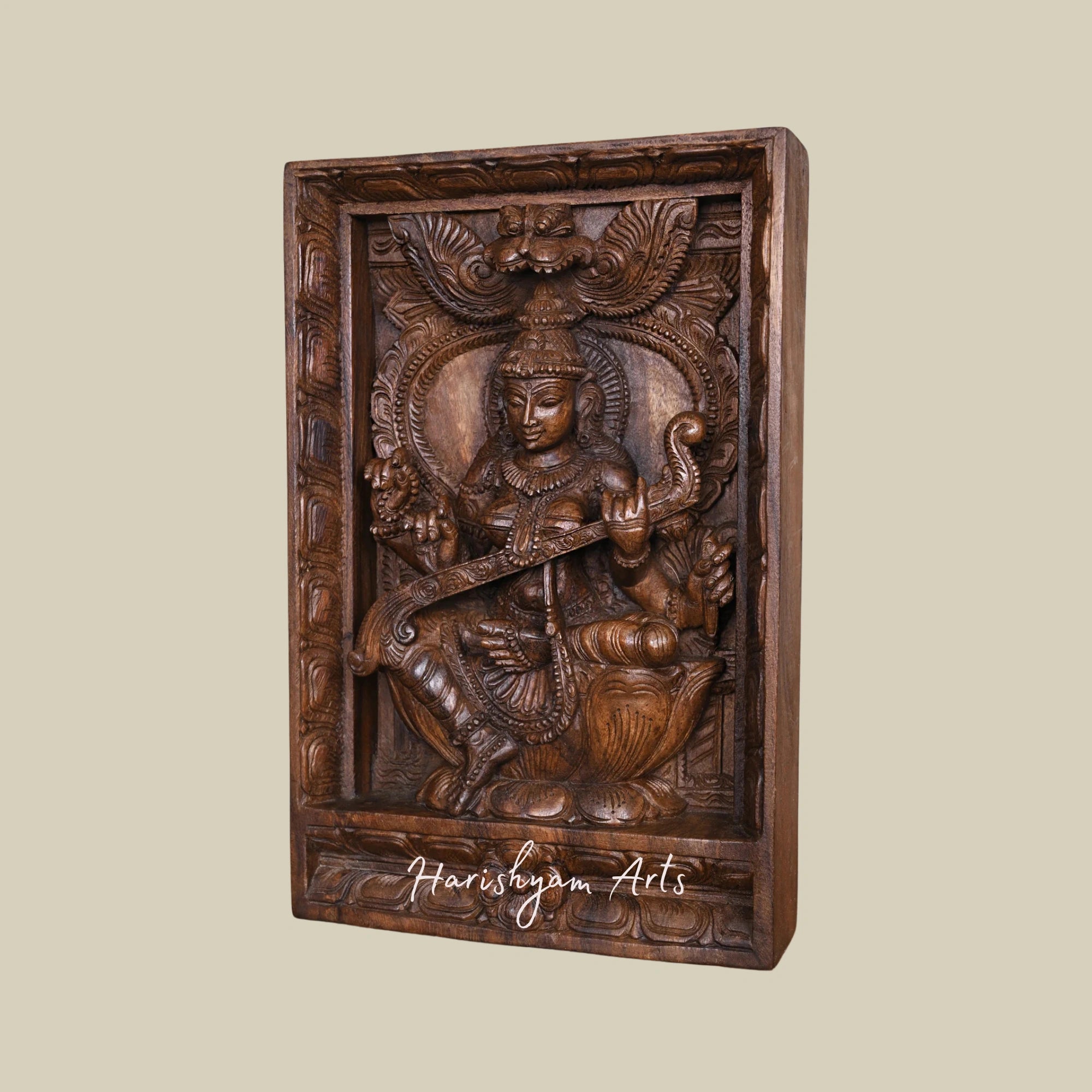 19" Handcrafted Wooden Frame of Goddess Saraswati Seated on Lotus Playing Veena2