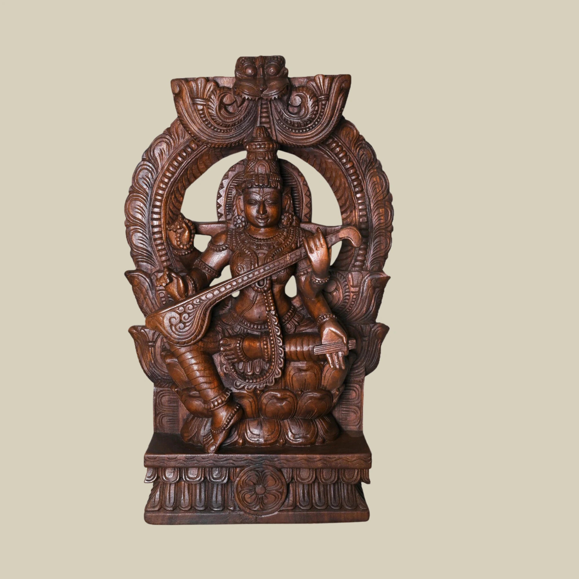 19" Handcrafted Wooden Frame of Goddess Saraswati Seated on Lotus Playing Veena6
