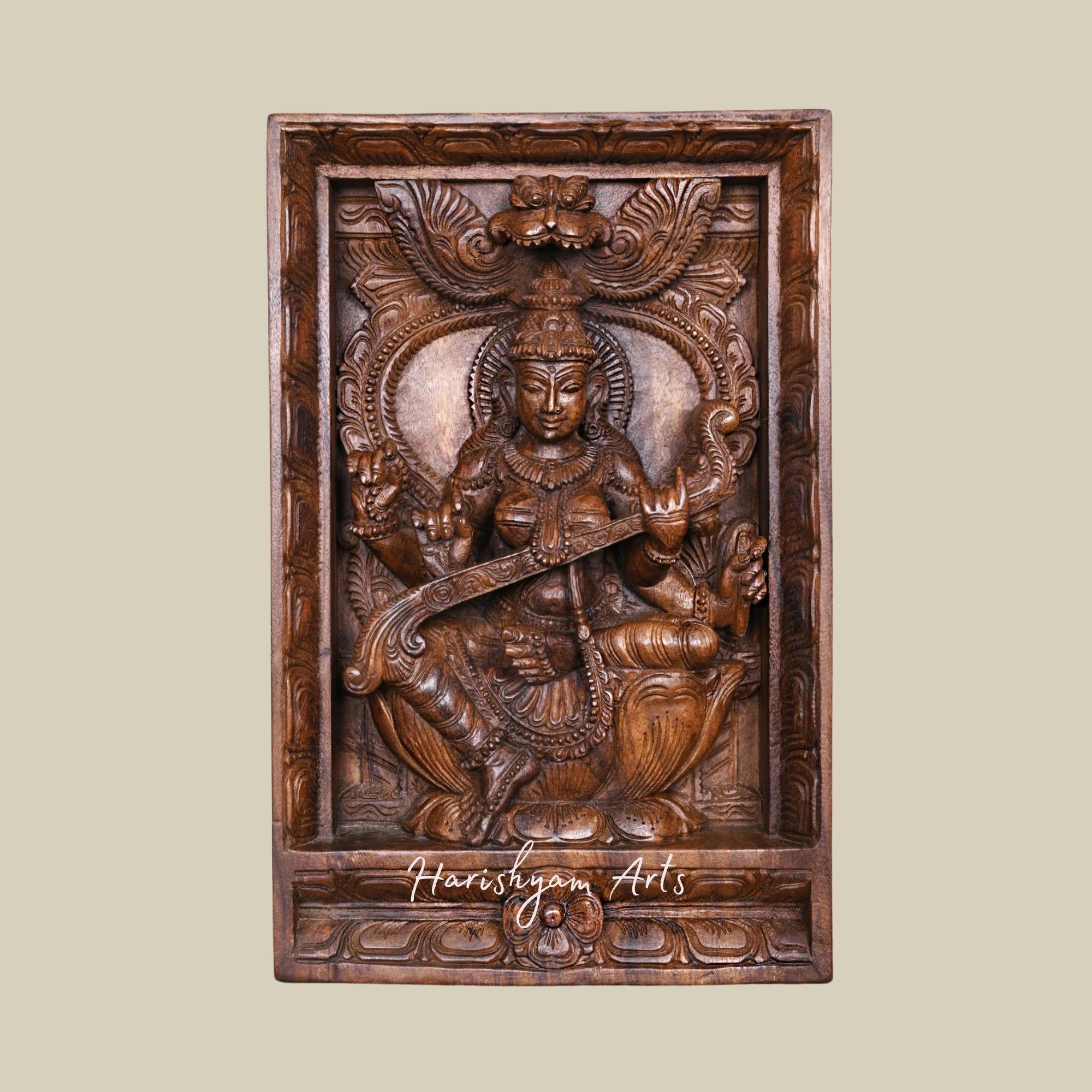 19" Handcrafted Wooden Frame of Goddess Saraswati Seated on Lotus Playing Veena2