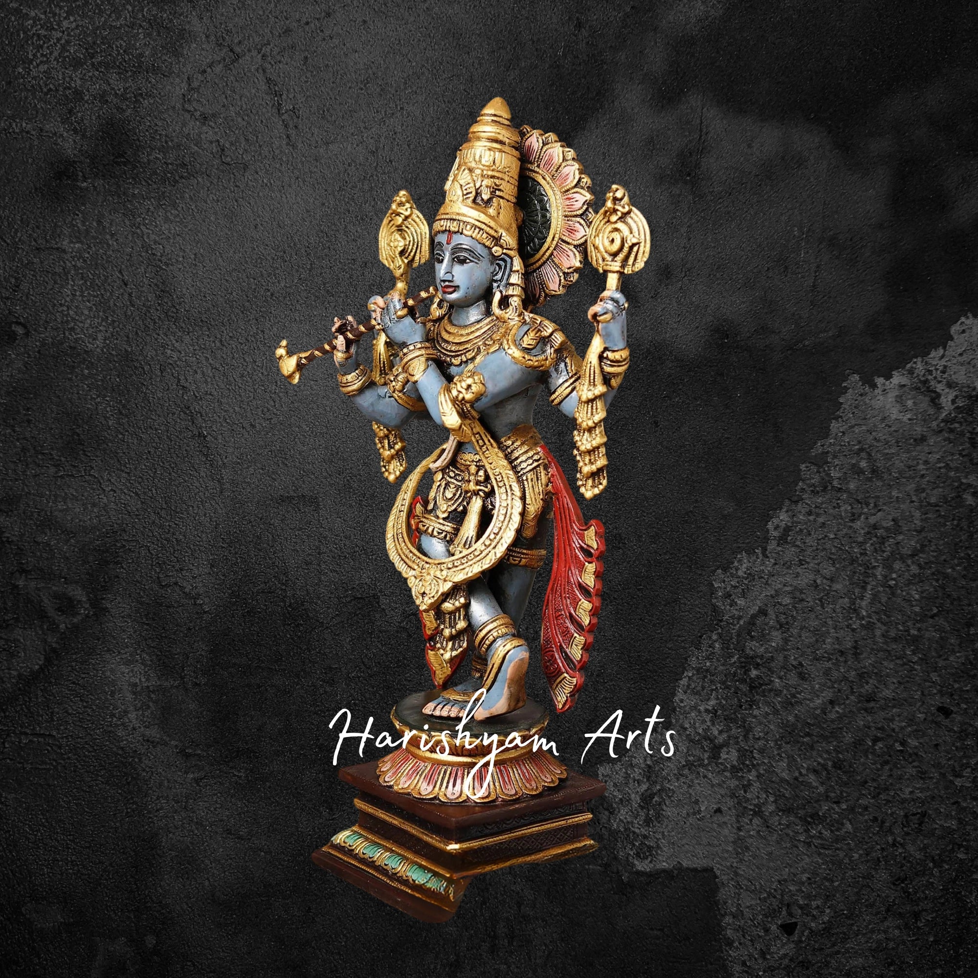19" Multicolor Brass Krishna Idol Playing the Divine Flute
