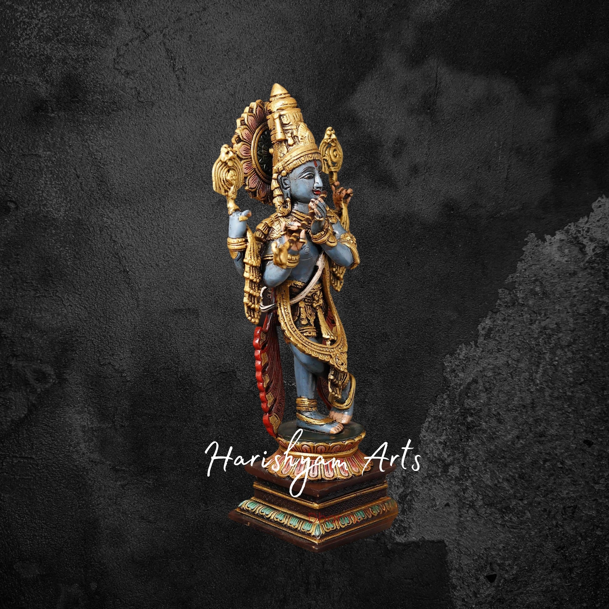 19" Multicolor Brass Krishna Idol Playing the Divine Flute