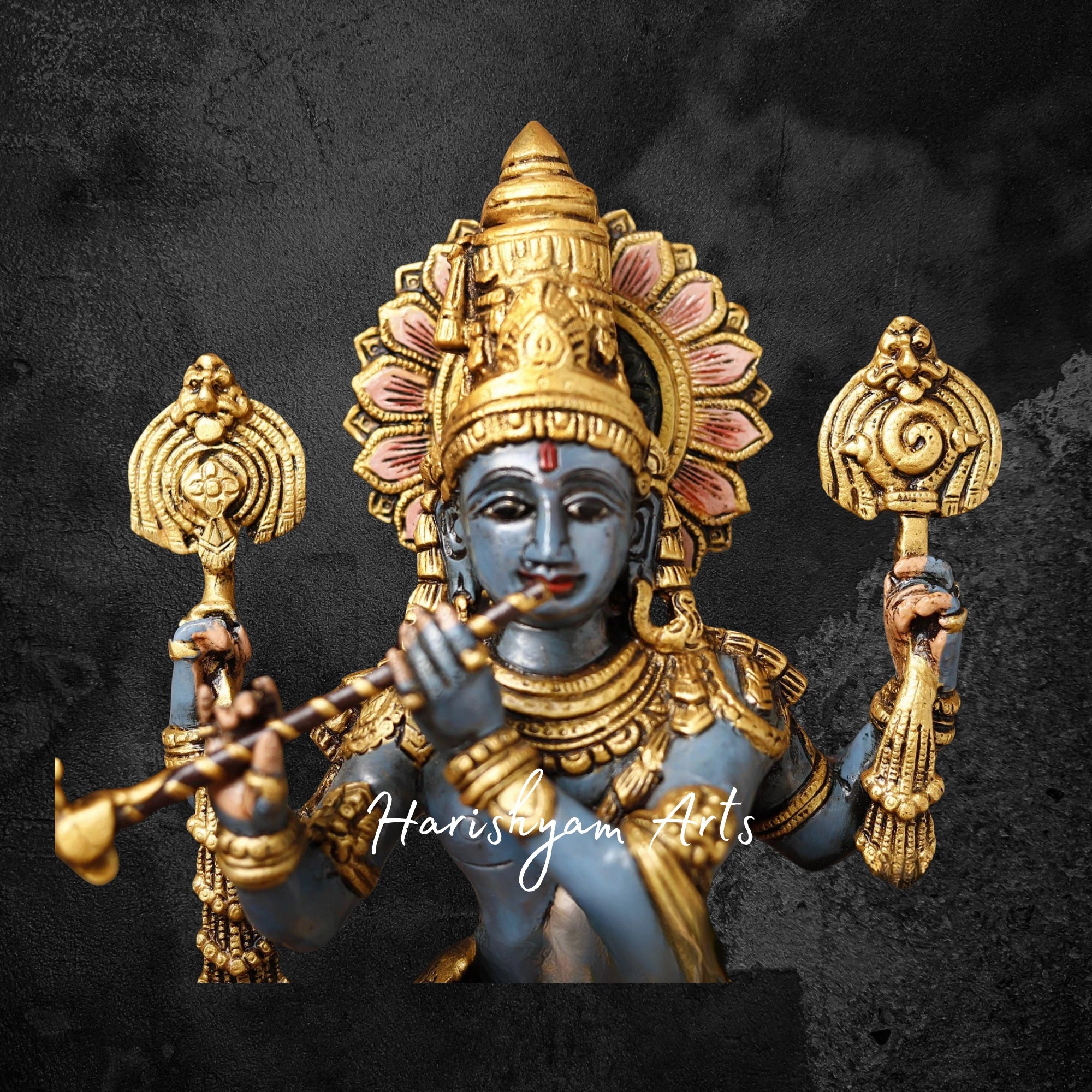 19" Multicolor Brass Krishna Idol Playing the Divine Flute