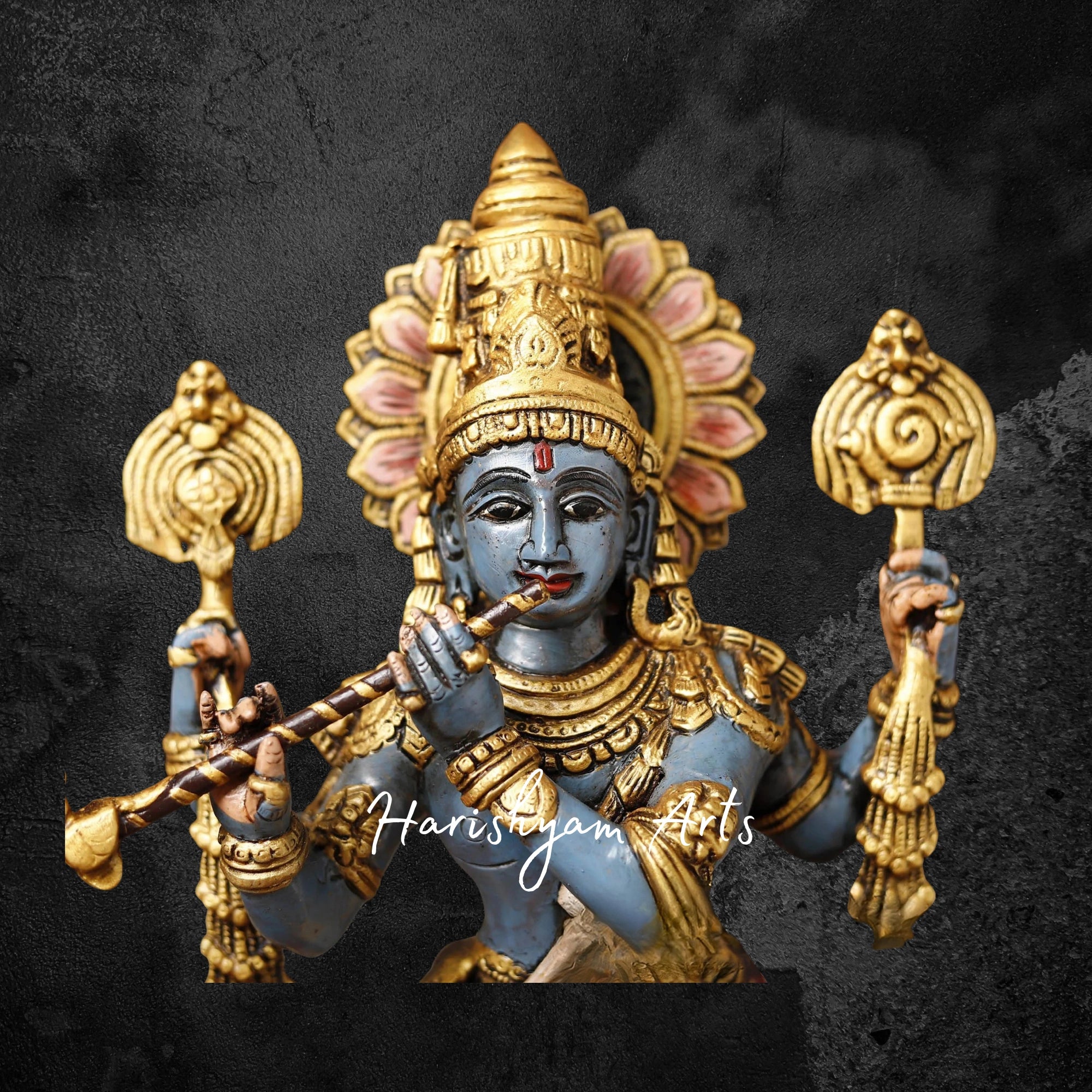 19" Multicolor Brass Krishna Idol Playing the Divine Flute