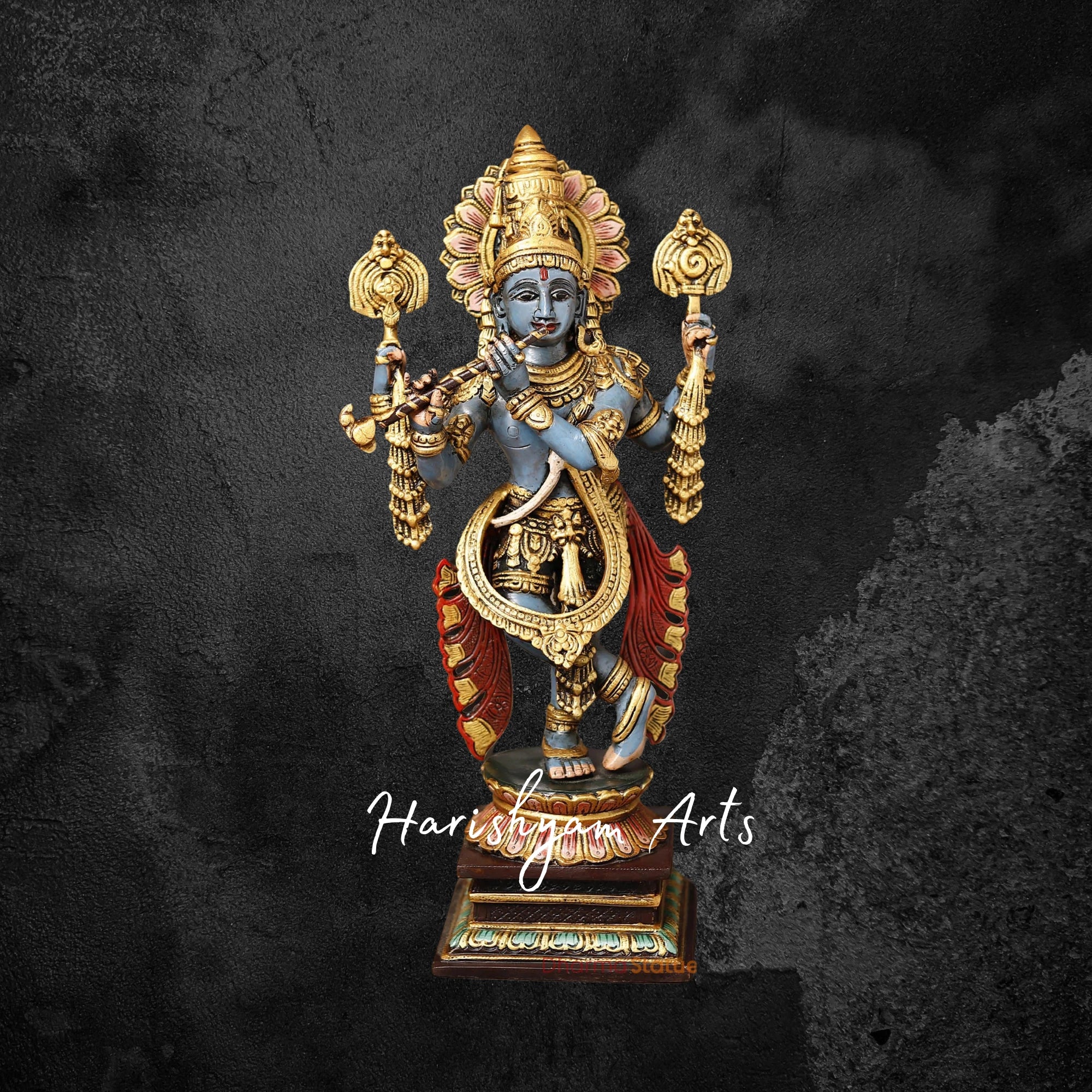 19" Multicolor Brass Krishna Idol Playing the Divine Flute