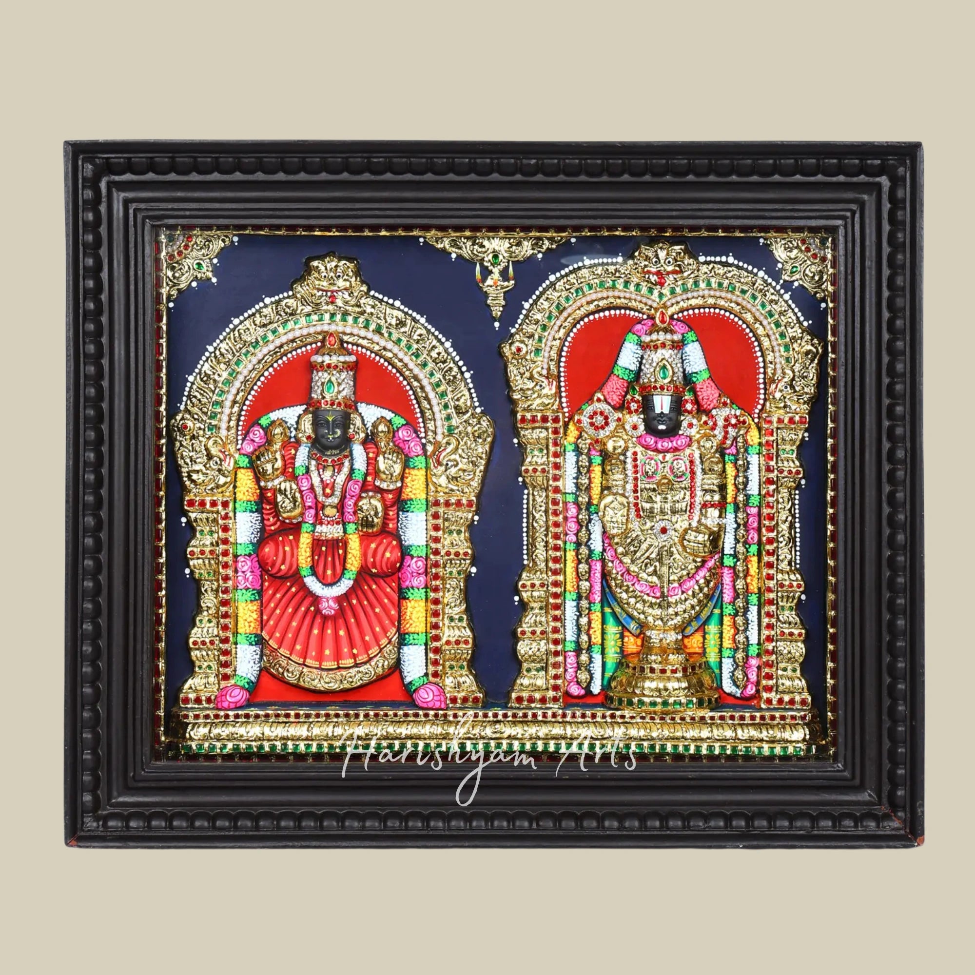 19" Sacred Lord Venkateshvara Tirupati Balaji with Goddess Padmavathi Tanjore Painting