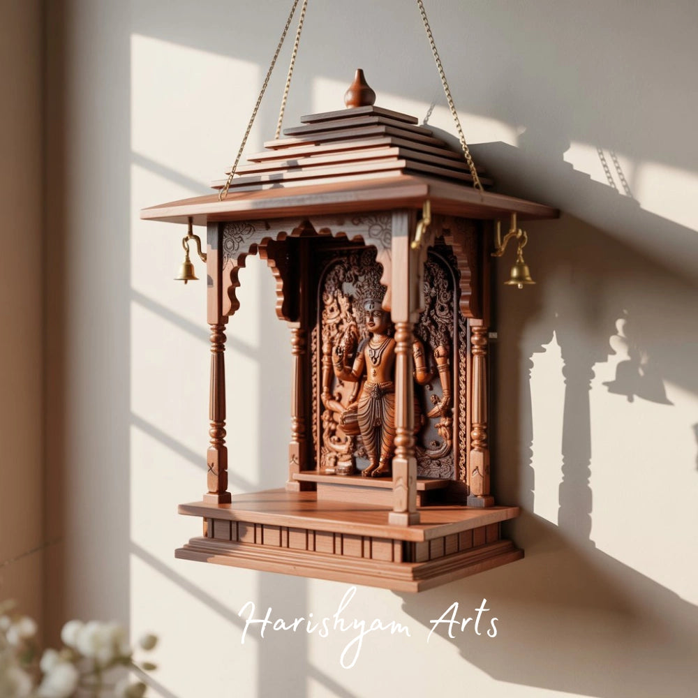 Divya Narayan Teak Wood Mandir Wall Hanging Temple with Brass Bells