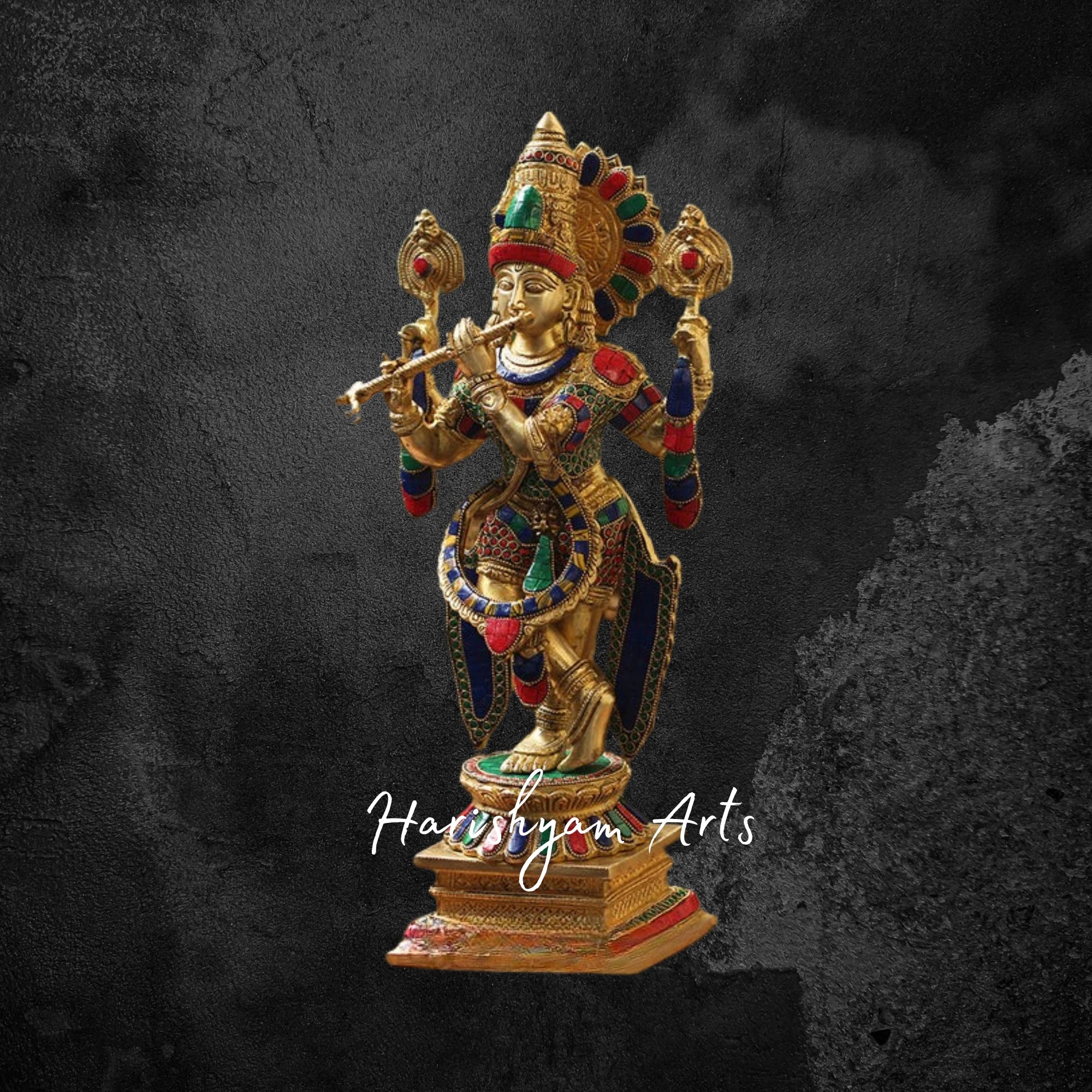 20" Brass Krishna Murti with Intricate Stonework Detailing
