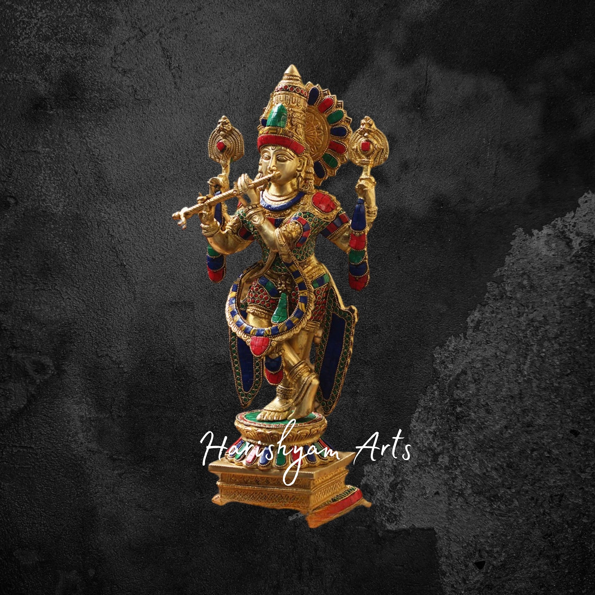 20" Brass Krishna Murti with Intricate Stonework Detailing