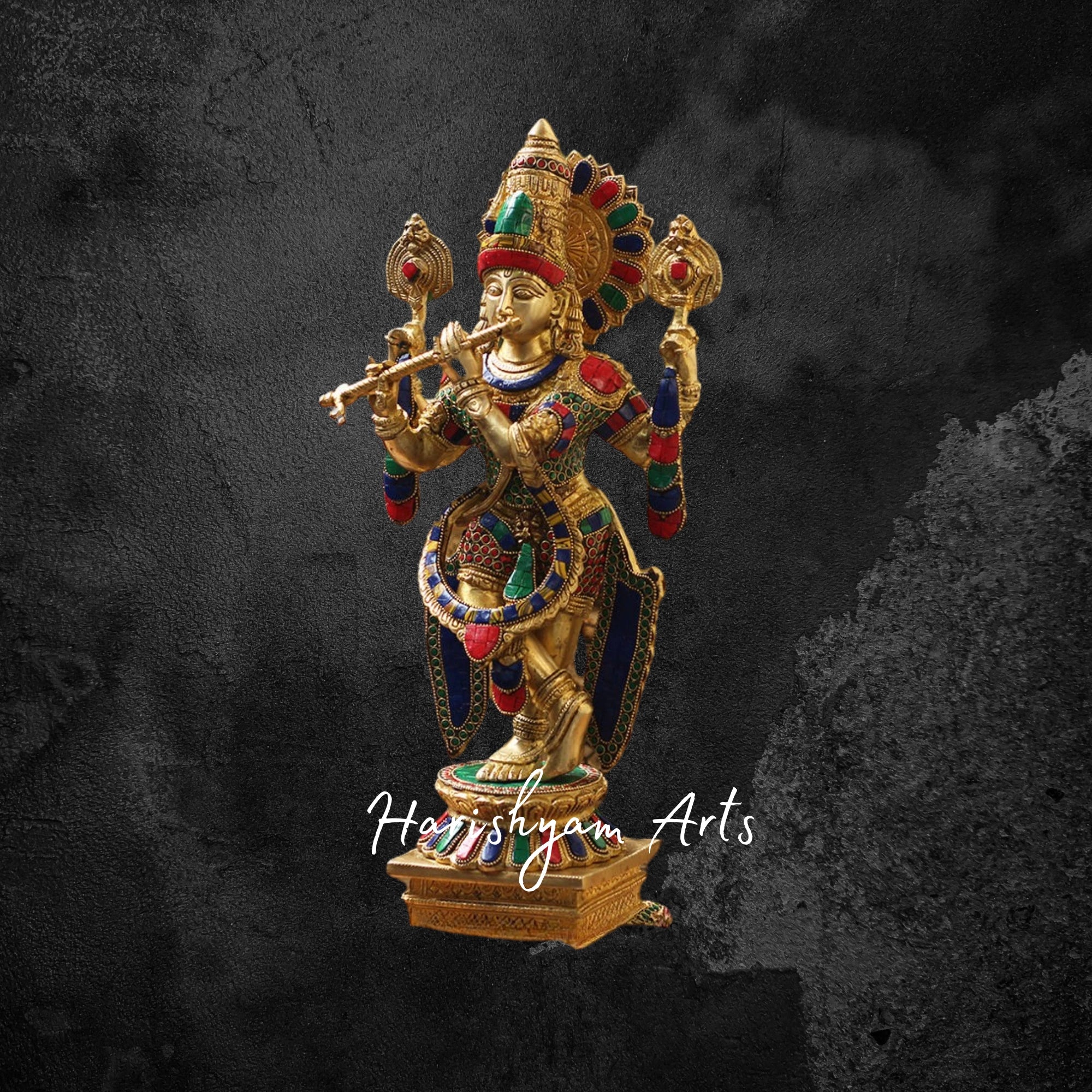 20" Brass Krishna Murti with Intricate Stonework Detailing