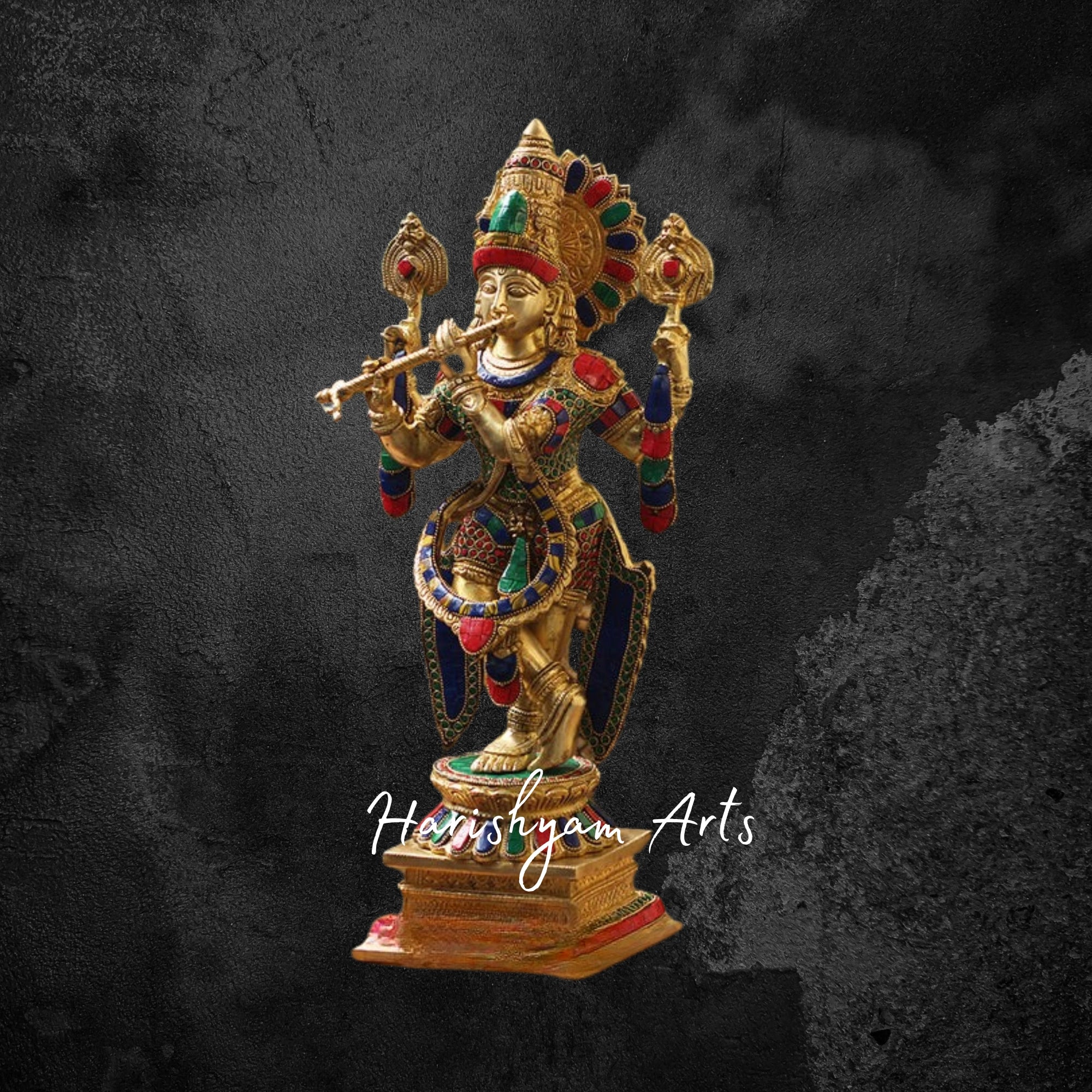 20" Brass Krishna Murti with Intricate Stonework Detailing