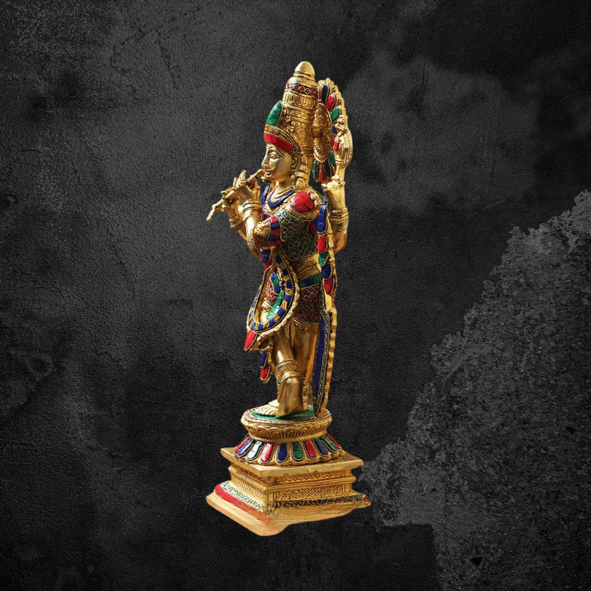 20" Brass Krishna Murti with Intricate Stonework Detailing
