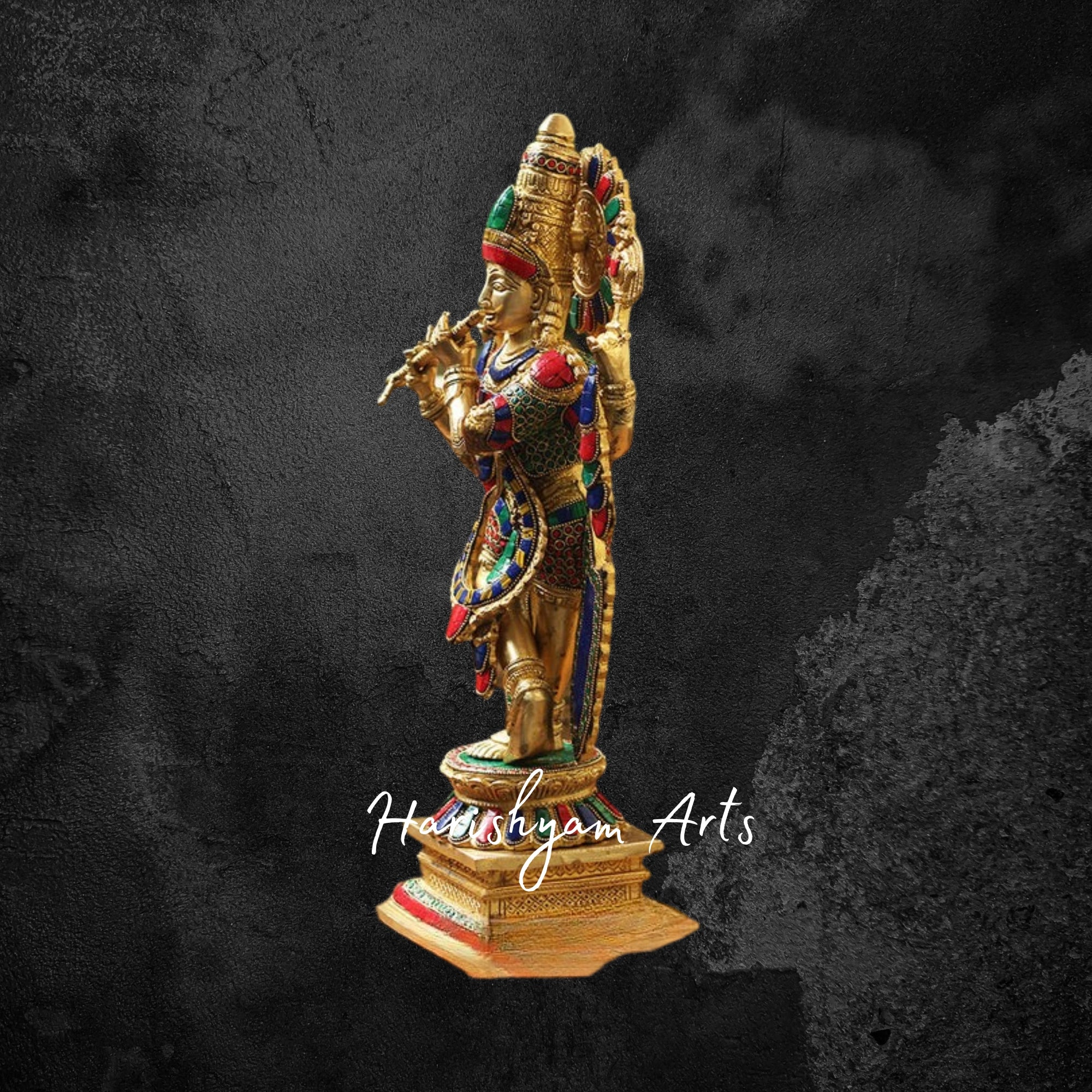 20" Brass Krishna Murti with Intricate Stonework Detailing