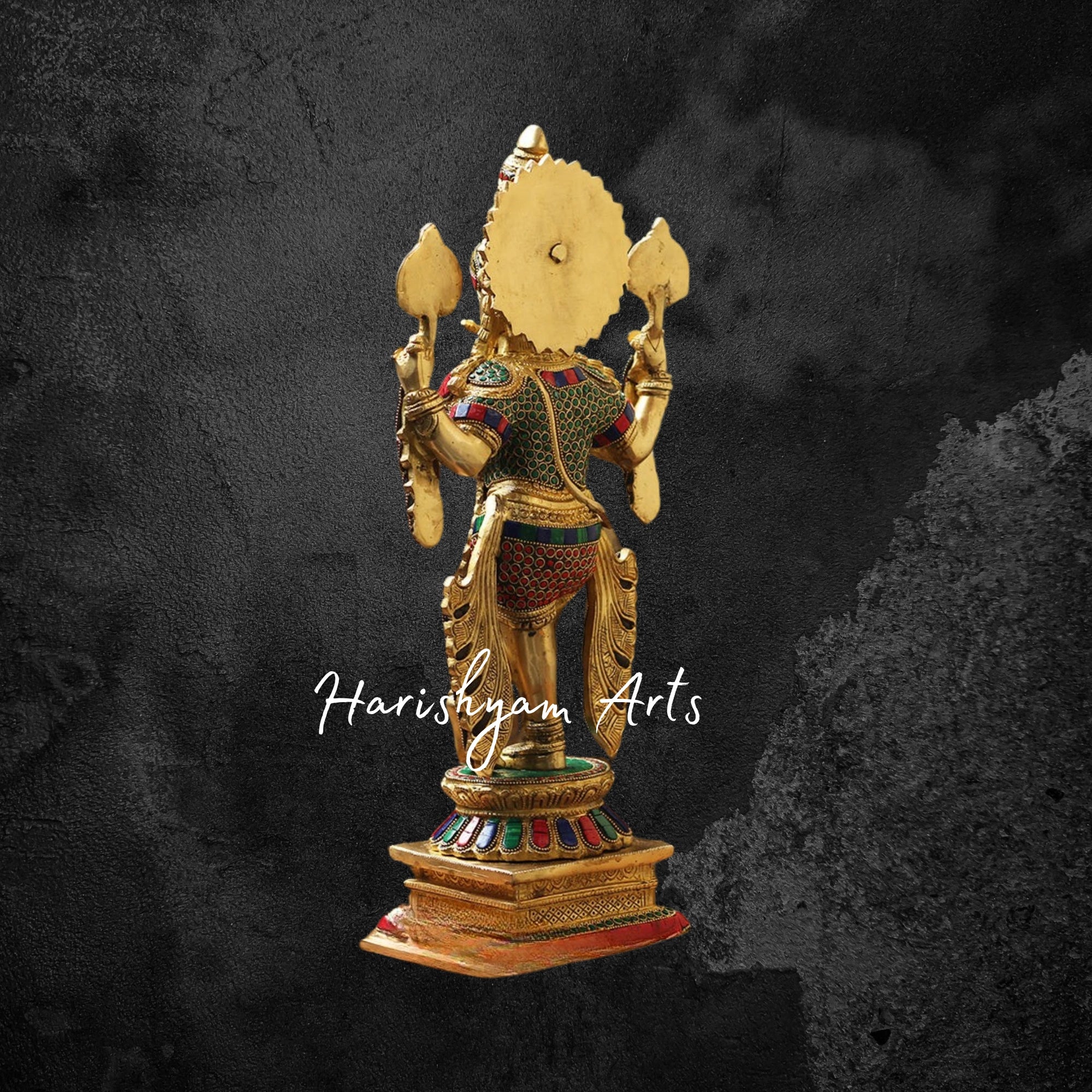 20" Brass Krishna Murti with Intricate Stonework Detailing