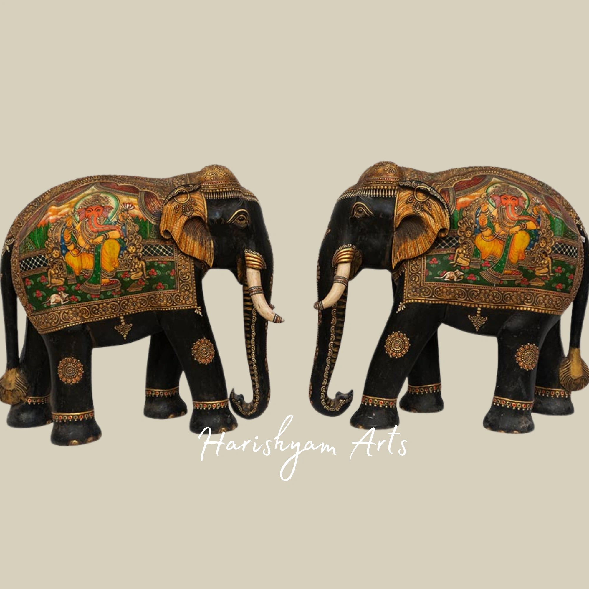 20" Hand-Painted Wooden Elephant Pair for Décor