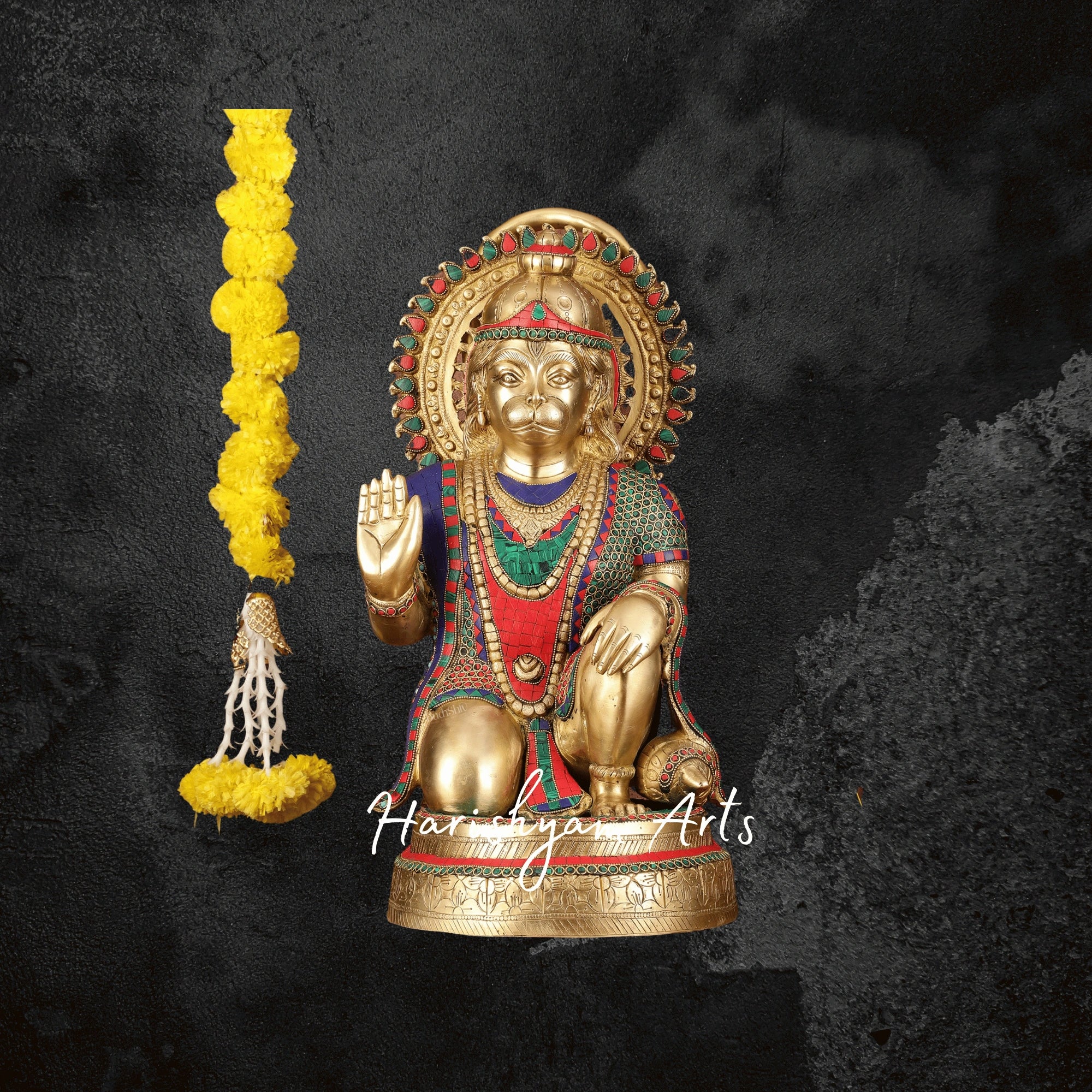 20" Heavy Brass Hanuman Statue with Stonework Depicting Veer Hanuman’s Power