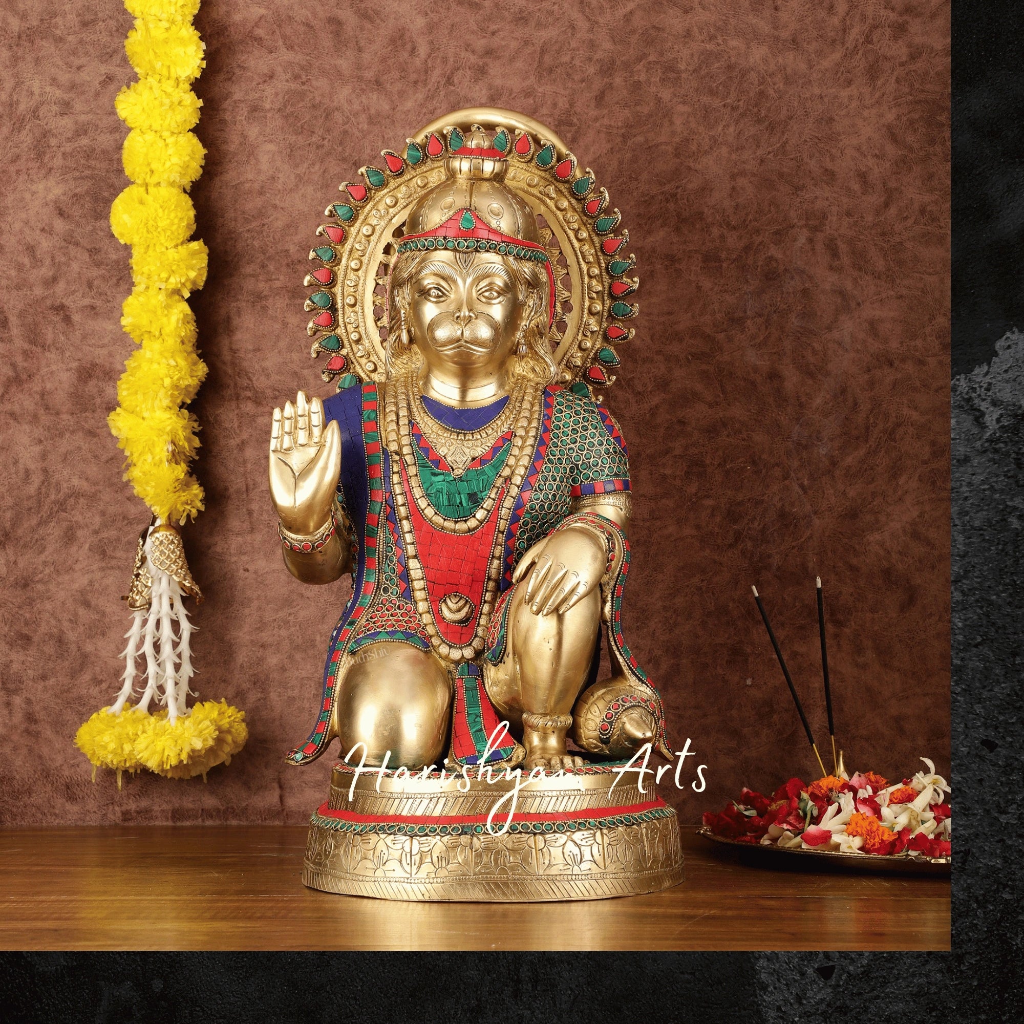 20" Heavy Brass Hanuman Statue with Stonework Depicting Veer Hanuman’s Power