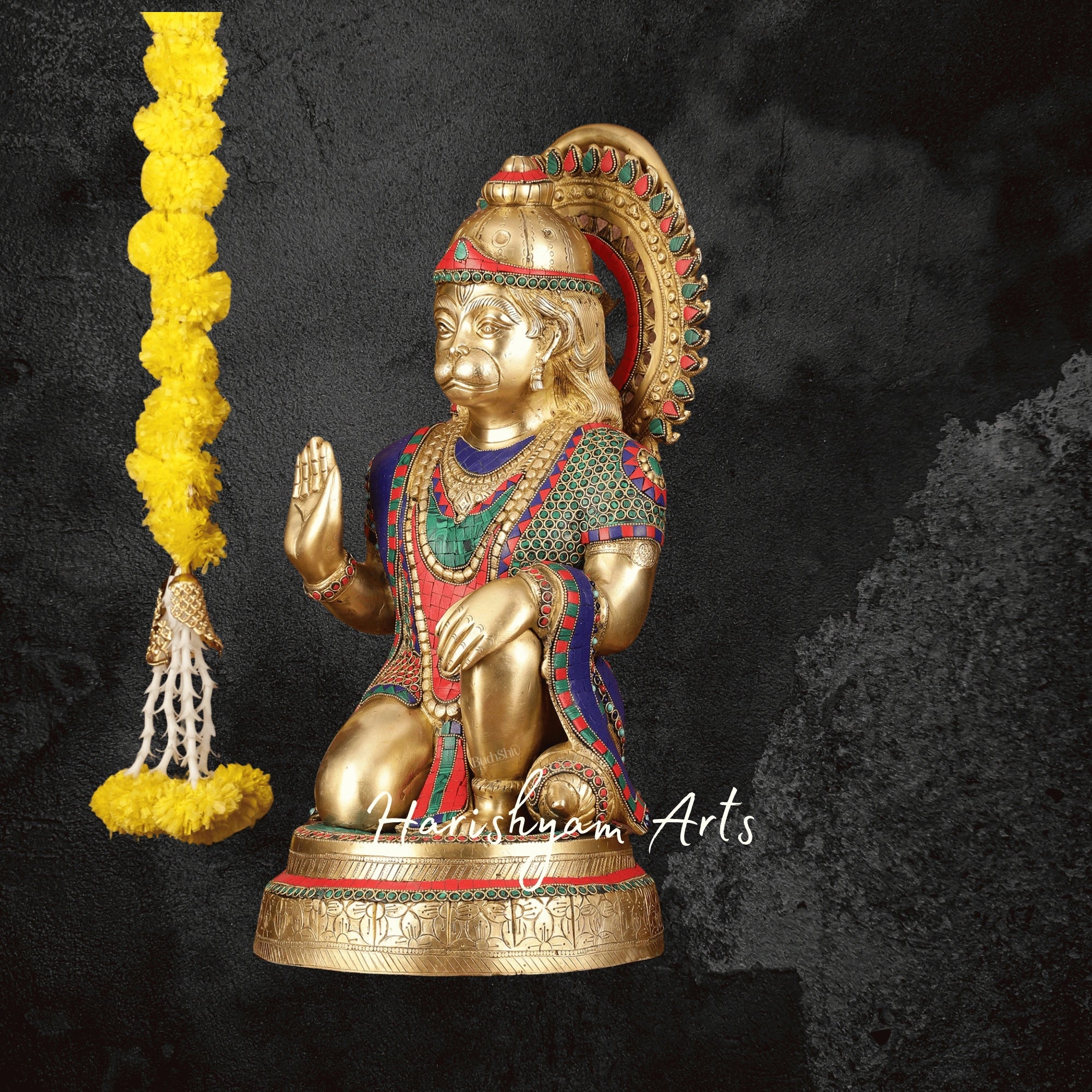 20" Heavy Brass Hanuman Statue with Stonework Depicting Veer Hanuman’s Power