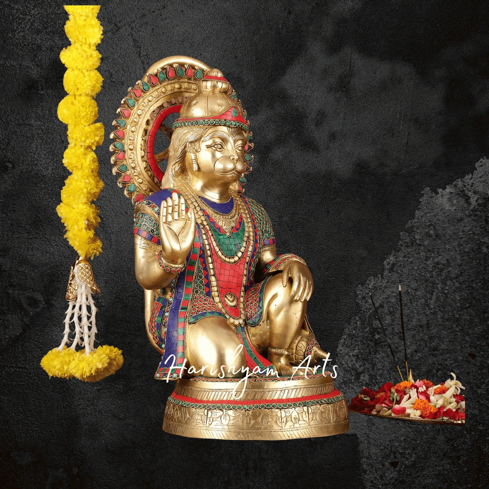 20" Heavy Brass Hanuman Statue with Stonework Depicting Veer Hanuman’s Power