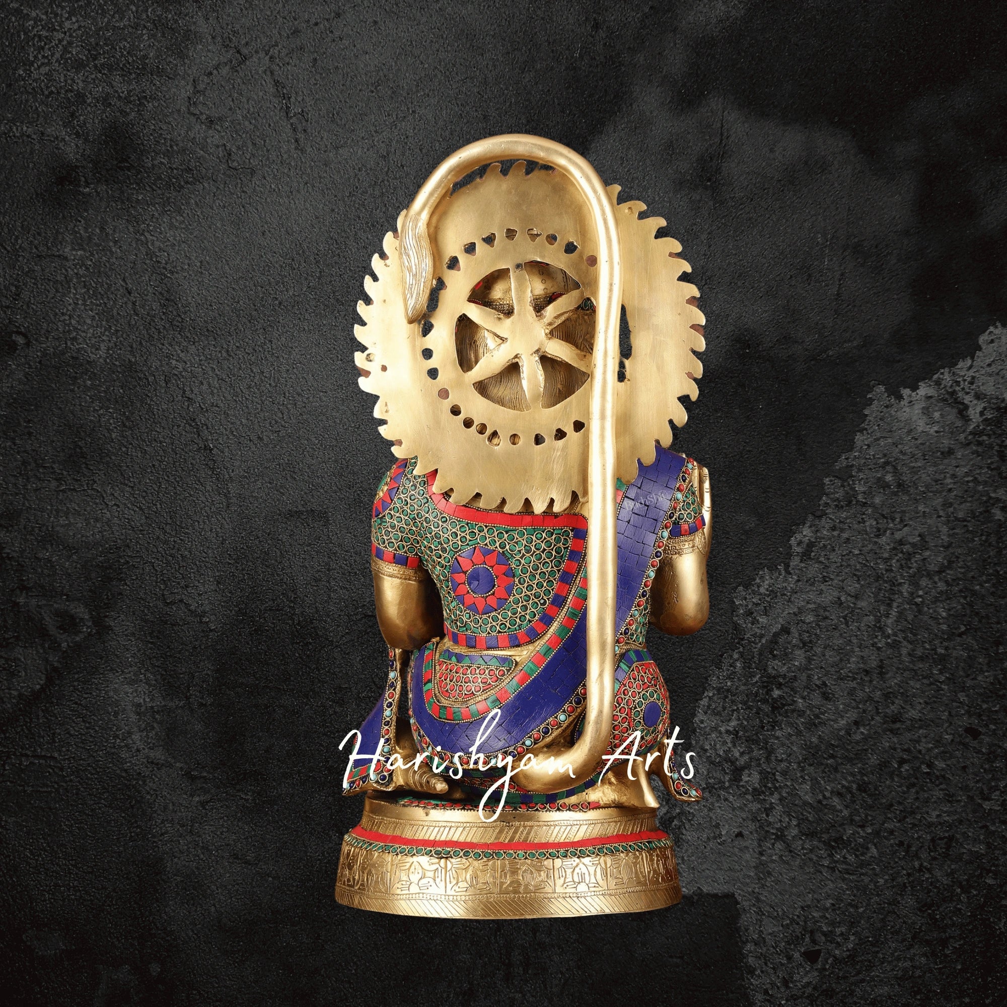 20" Heavy Brass Hanuman Statue with Stonework Depicting Veer Hanuman’s Power