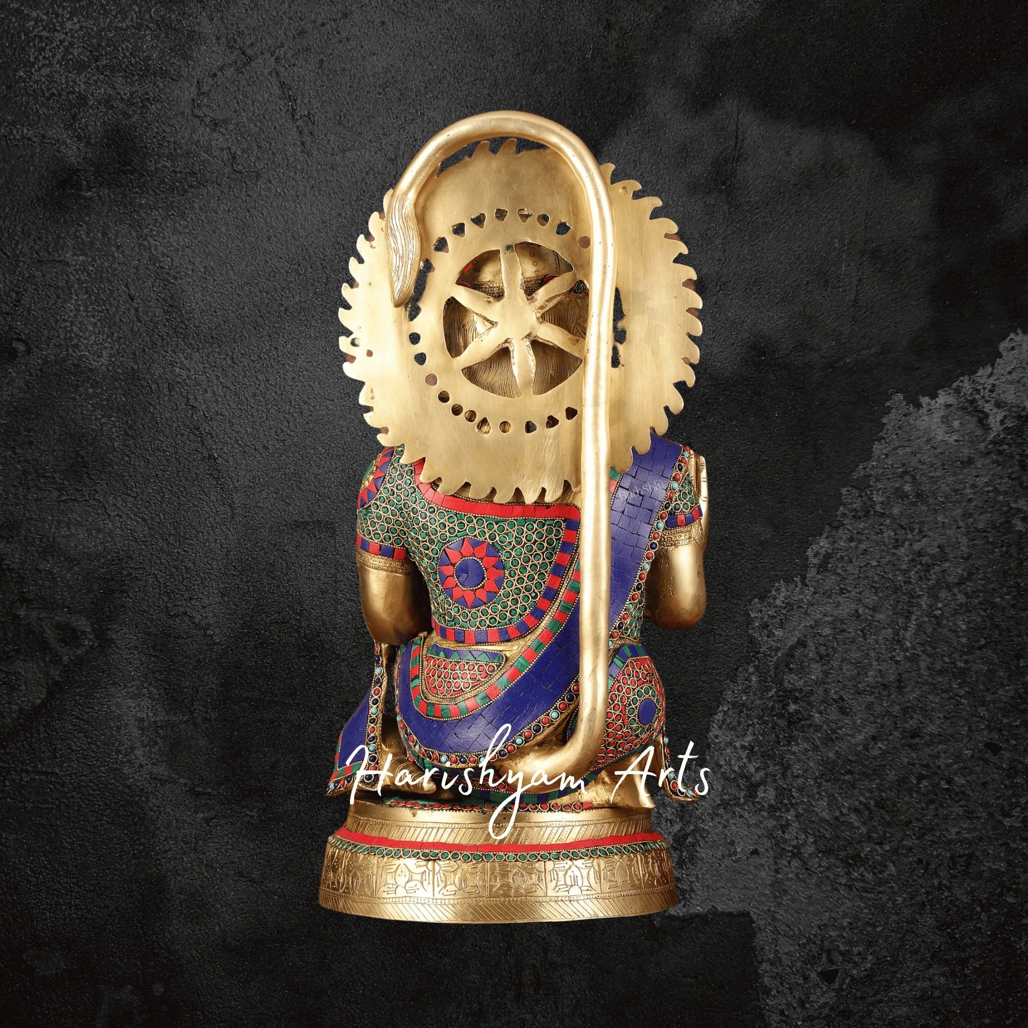 20" Heavy Brass Hanuman Statue with Stonework Depicting Veer Hanuman’s Power