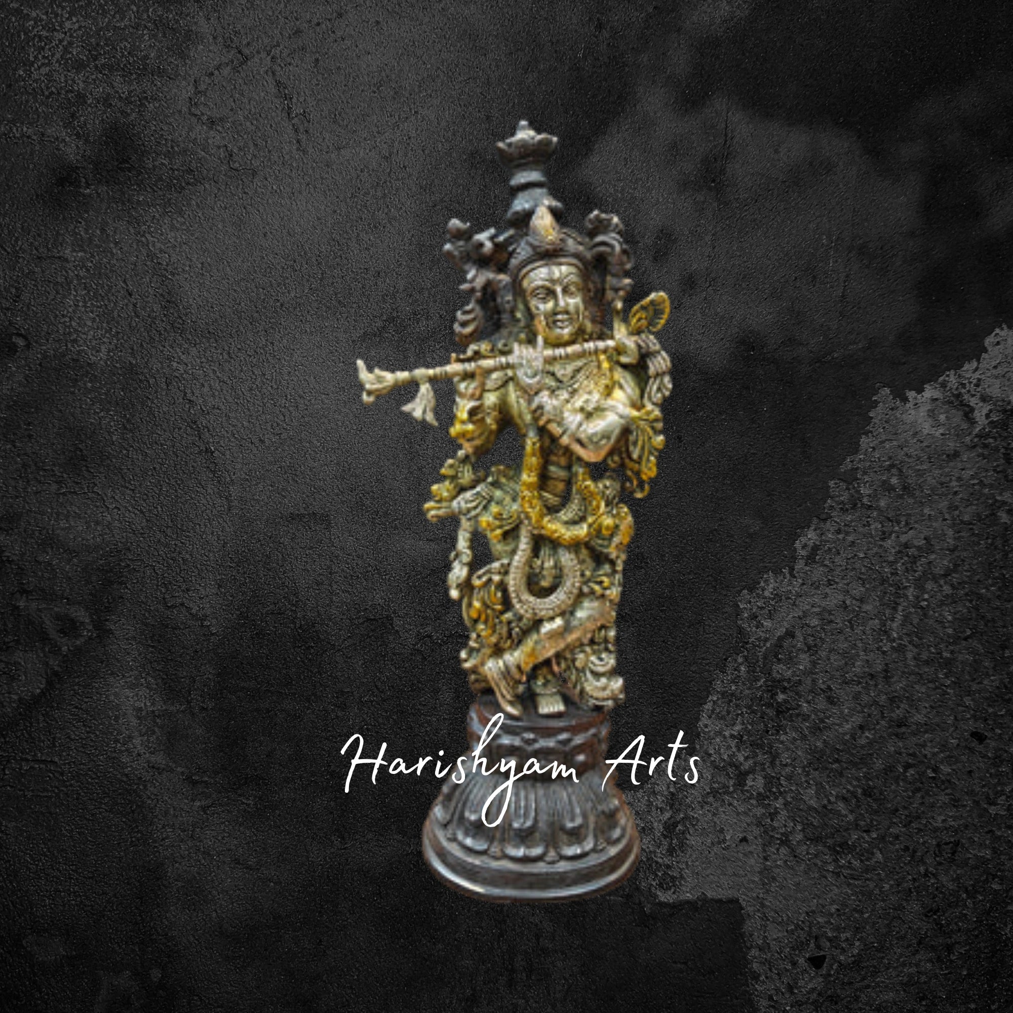 20" Vintage Brass Krishna Statue, Antique Finish, Spiritual Art Piece