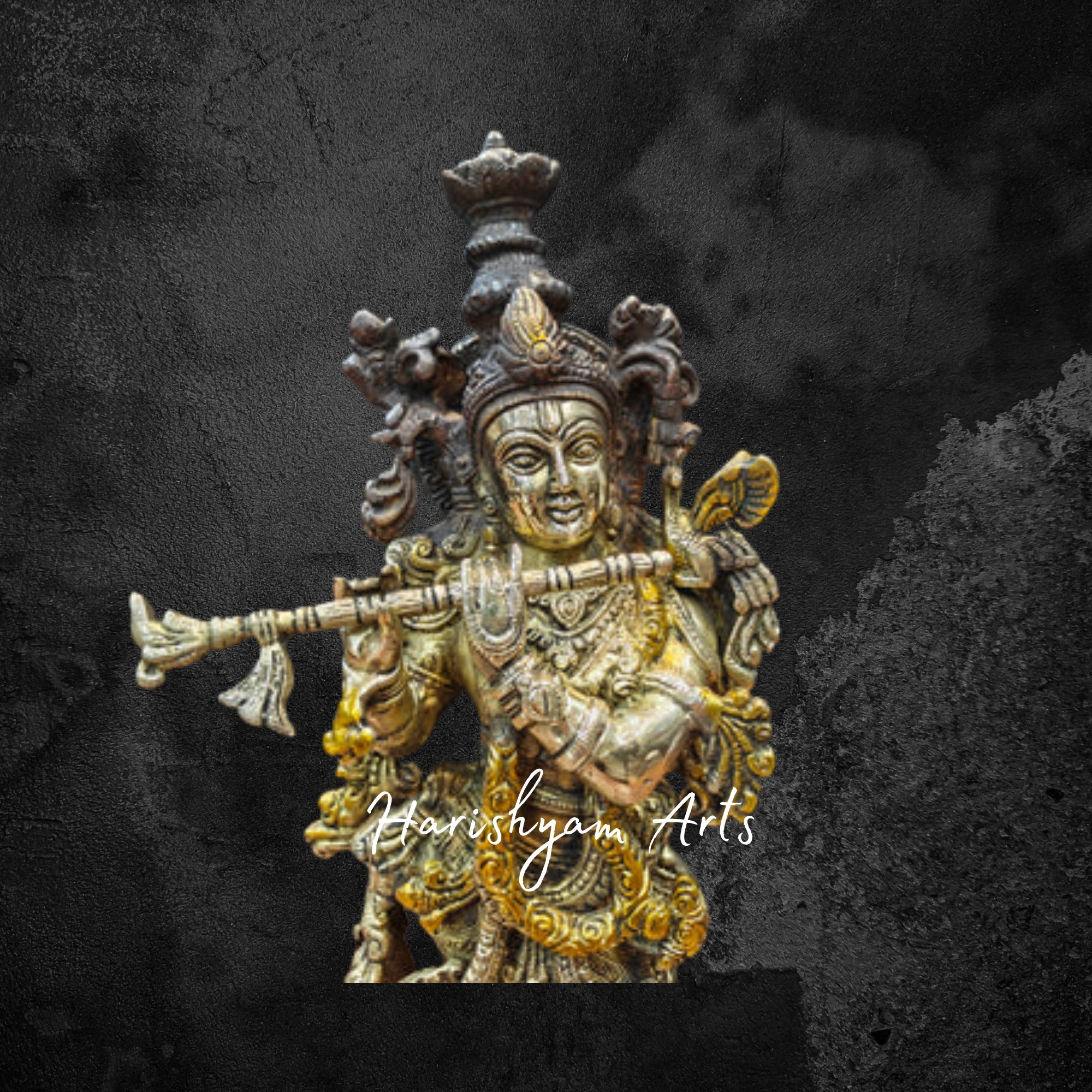 20" Vintage Brass Krishna Statue, Antique Finish, Spiritual Art Piece