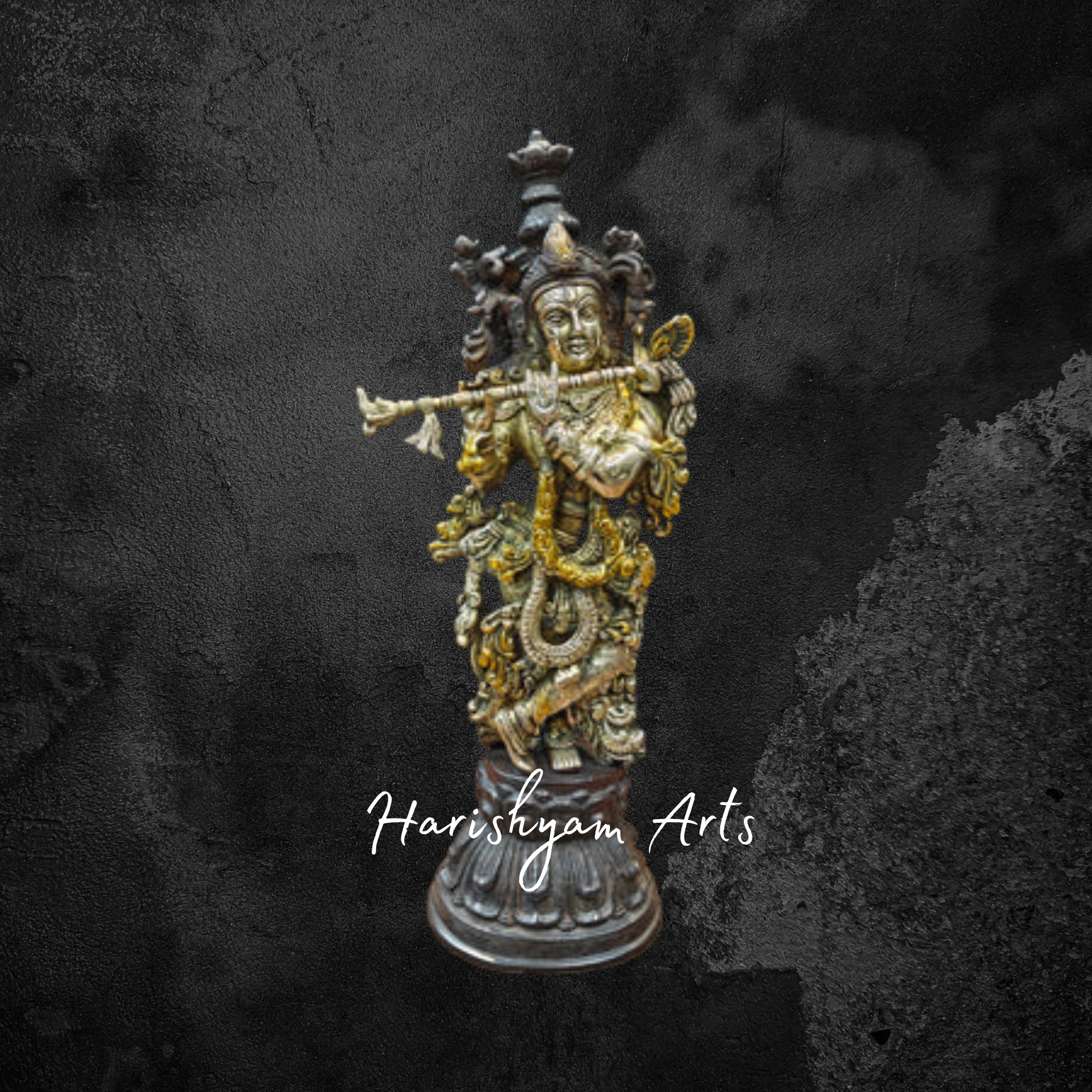 20" Vintage Brass Krishna Statue, Antique Finish, Spiritual Art Piece