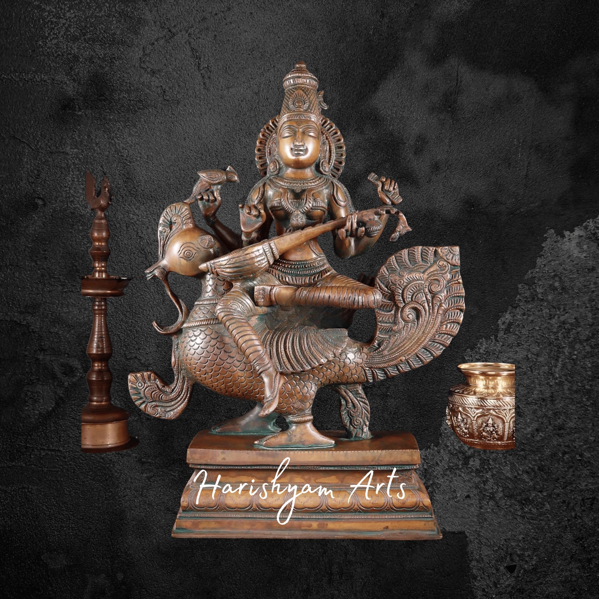 20" Vintage Look Brass Saraswati Statue Representing Knowledge and Learning