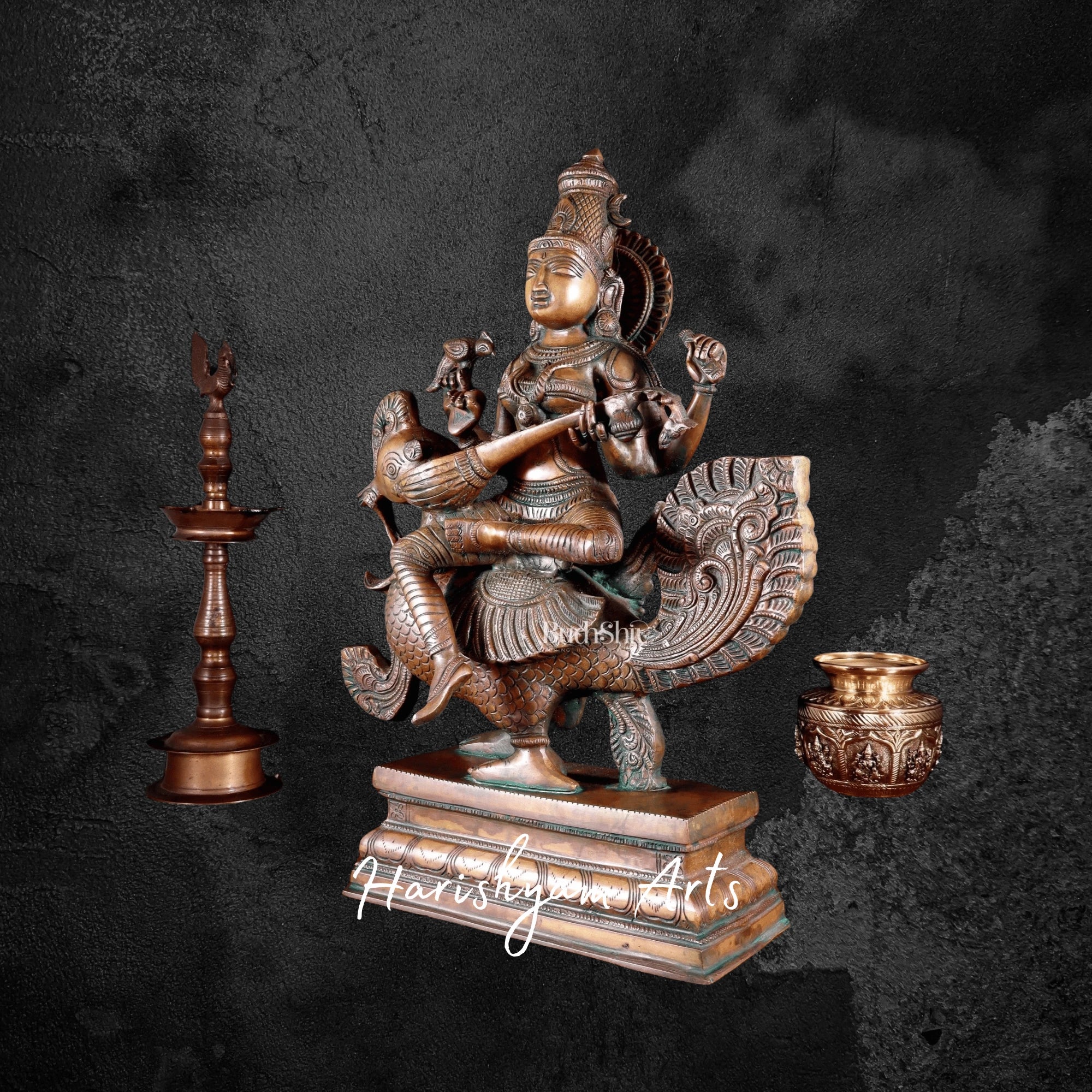 20" Vintage Look Brass Saraswati Statue Representing Knowledge and Learning