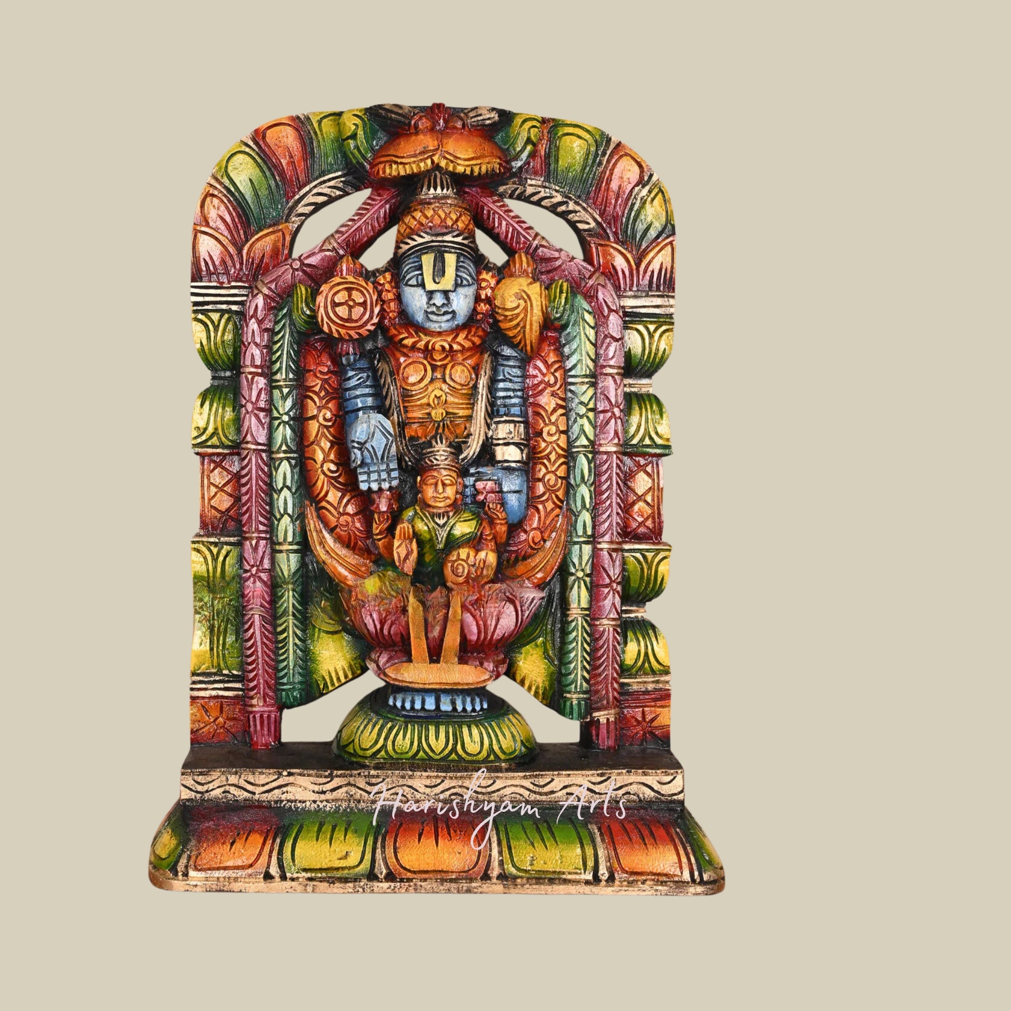 20" Venkatajalapathy Wooden Sculpture with Shri MahaLakshmi in Colored Finish