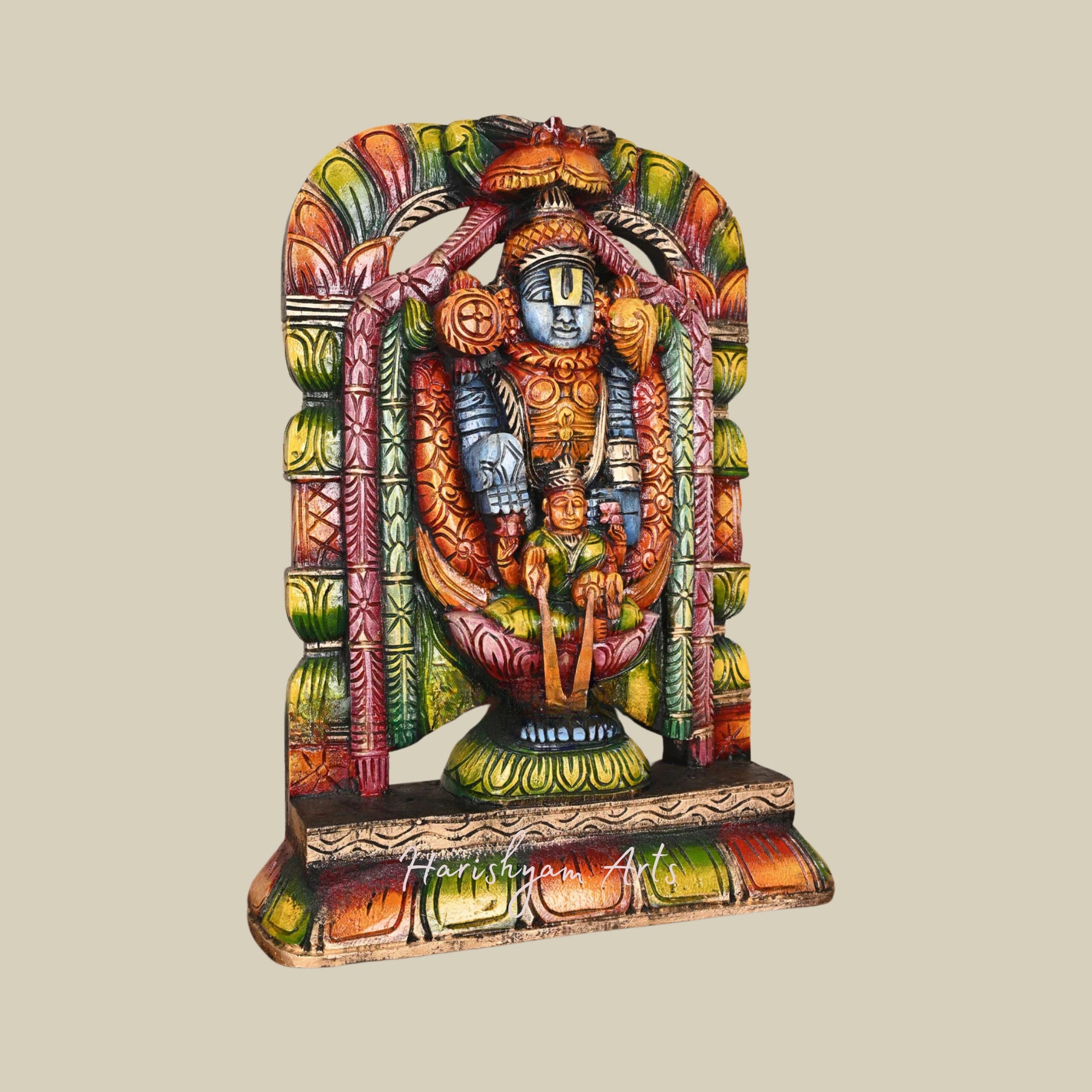 20" Venkatajalapathy Wooden Sculpture with Shri MahaLakshmi in Colored Finish1
