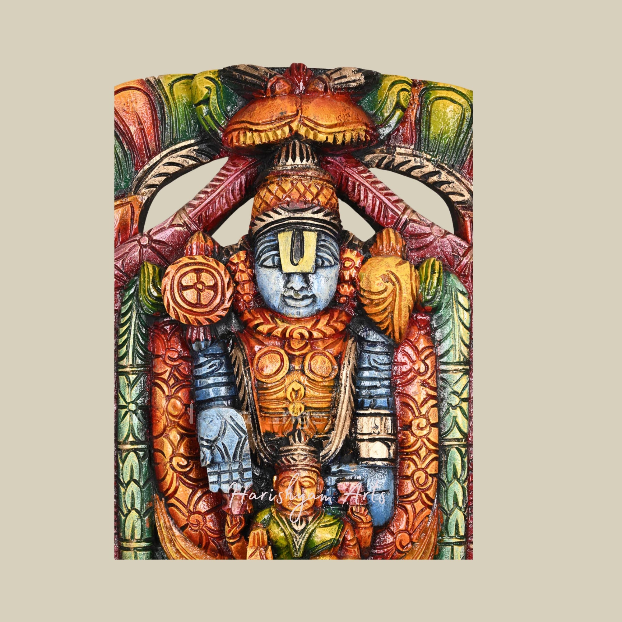 20" Venkatajalapathy Wooden Sculpture with Shri MahaLakshmi in Colored Finish2